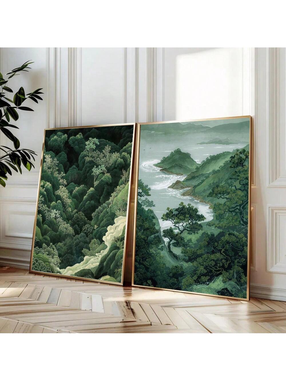 Bring serene tranquility into your space with this curated set of two minimalist posters inspired by Japanese aesthetics. Featuring lush green forest and mountain landscapes rendered in a clean, contemporary style, these unframed prints celebrate the principles of zen design through simplicity and balance. 