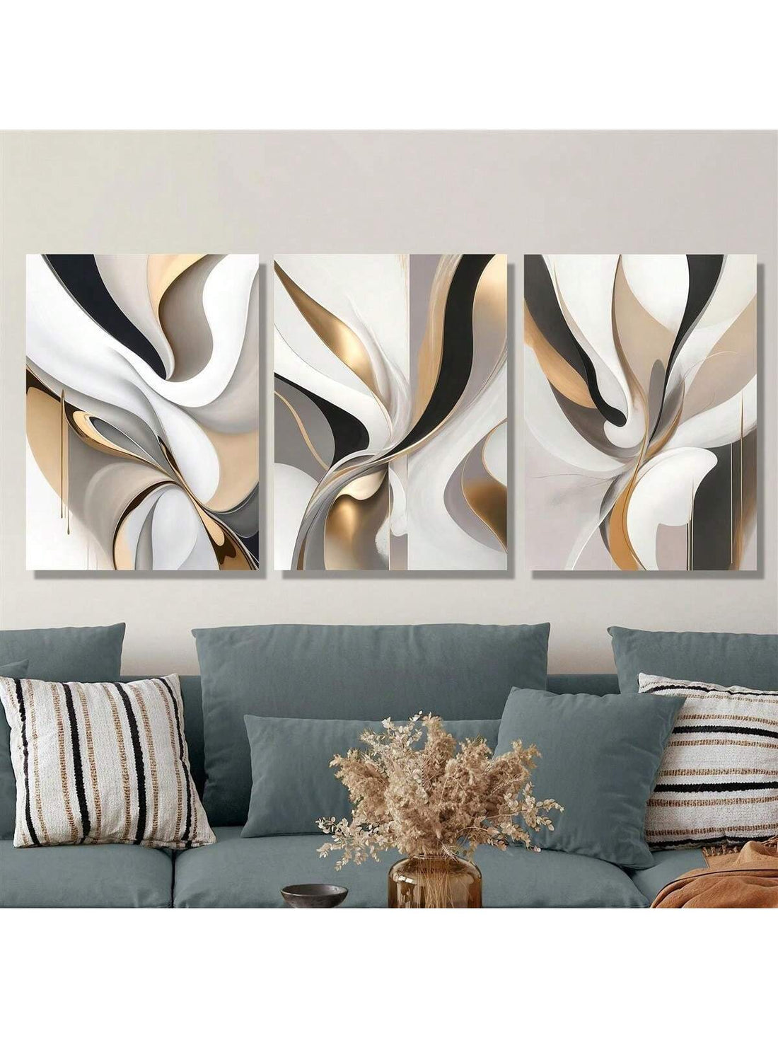Elevate your living space with this elegant trio of abstract canvas art, featuring modern gold thread accents that add a refined touch of luxury. Each piece showcases intricate textures and contemporary design, perfect for enhancing sophisticated interiors. Crafted to complement a variety of decor styles, this set brings a harmonious blend of artistry and opulence to your home.