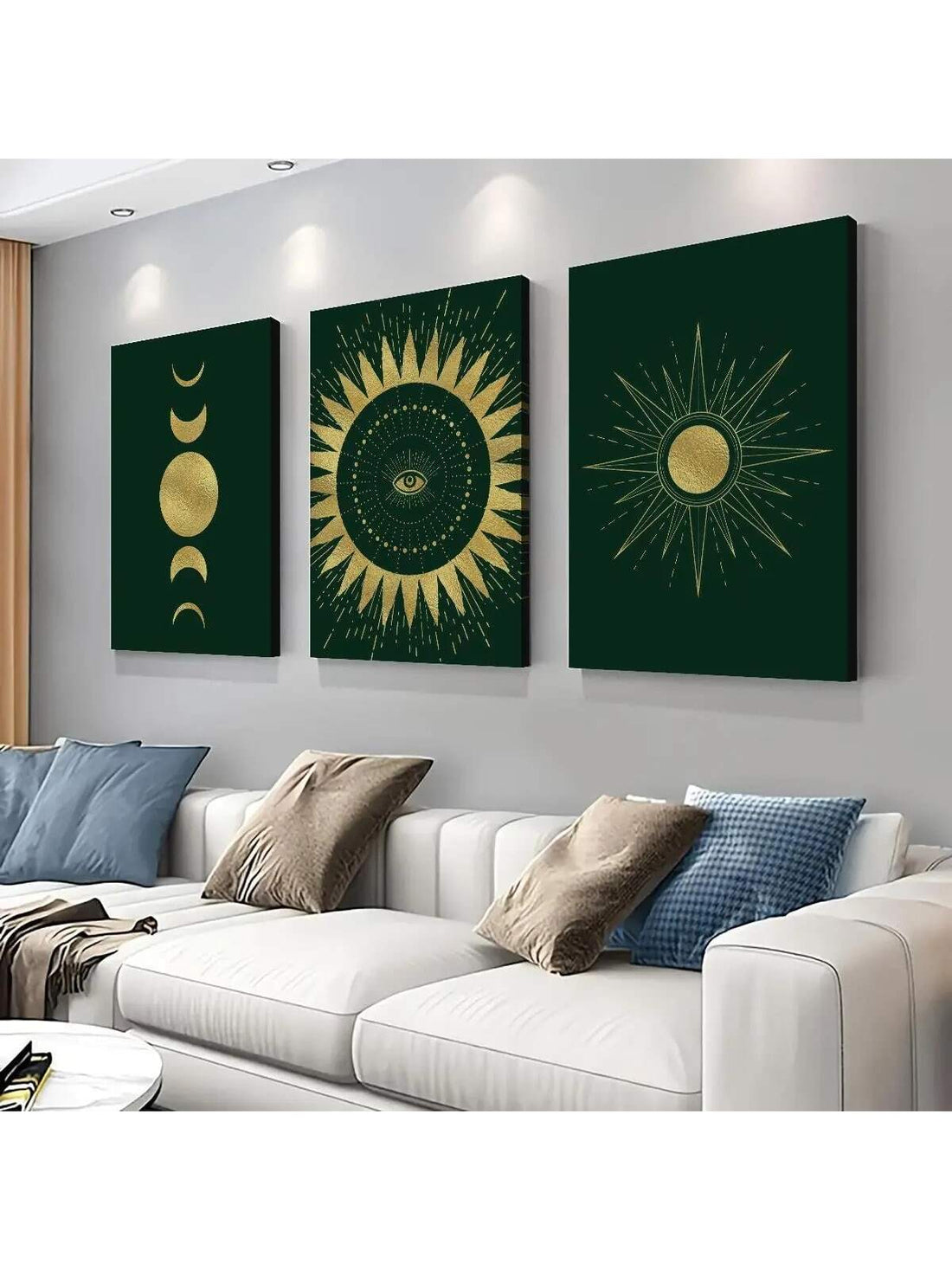 Elevate your boho-inspired space with the Celestial Elegance 3-piece art set, featuring rich emerald green and golden hues. This curated collection blends sophisticated color contrasts with artistic design, creating a harmonious focal point that enhances any room’s ambiance. Perfect for those seeking to infuse their home with refined style and a touch of celestial charm.