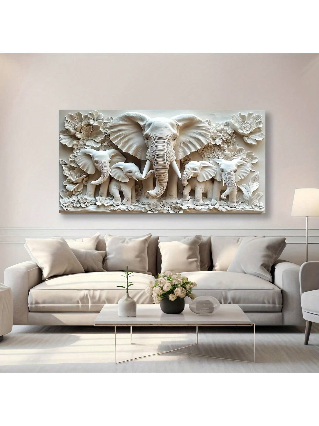 Elevate your interior with this frameless 2D elephant relief wall art, designed to add a sophisticated contemporary touch to any space. Crafted with precision, its subtle texture and minimalist style make it an ideal decoration for living rooms, bedrooms, kitchens, or bathrooms. This versatile piece enhances your environment without overwhelming it, offering a refined aesthetic that complements modern décor seamlessly.
