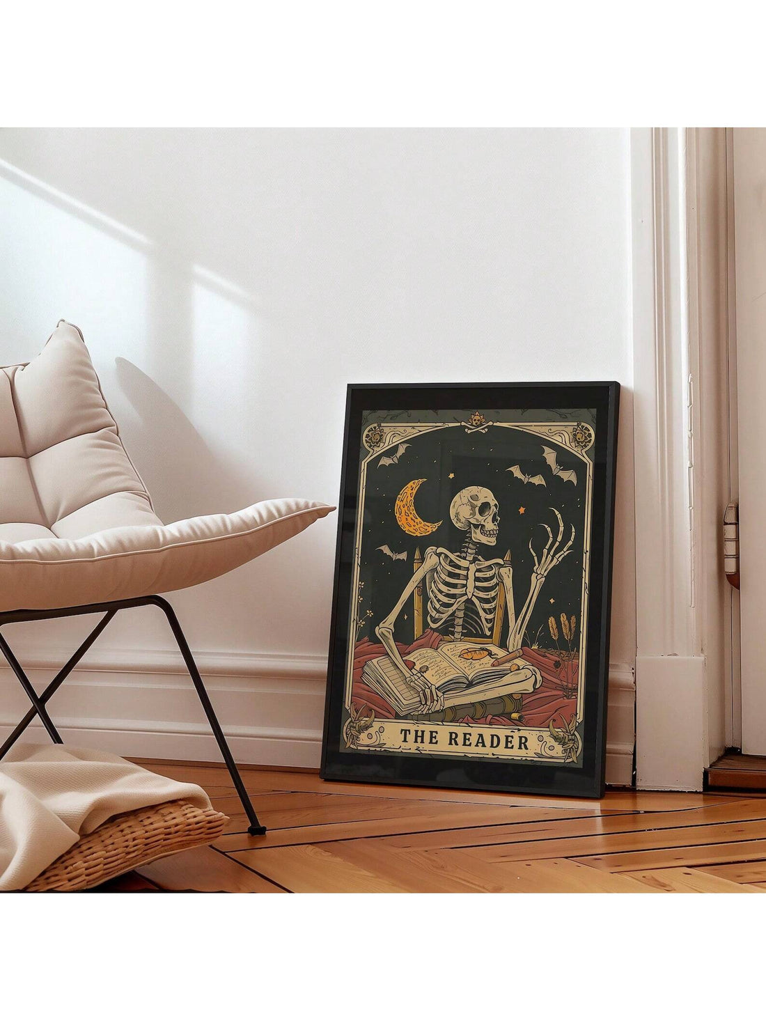 Elevate your space with this Gothic Tarot Reader Wall Art, featuring a haunting skeleton design that perfectly complements dark academia and witchy aesthetics. This print adds a mysterious, vintage charm to your home decor, ideal for those who appreciate the mystical and macabre. Crafted to inspire intrigue and reflection, it’s a striking piece for any room seeking an atmospheric, scholarly vibe.