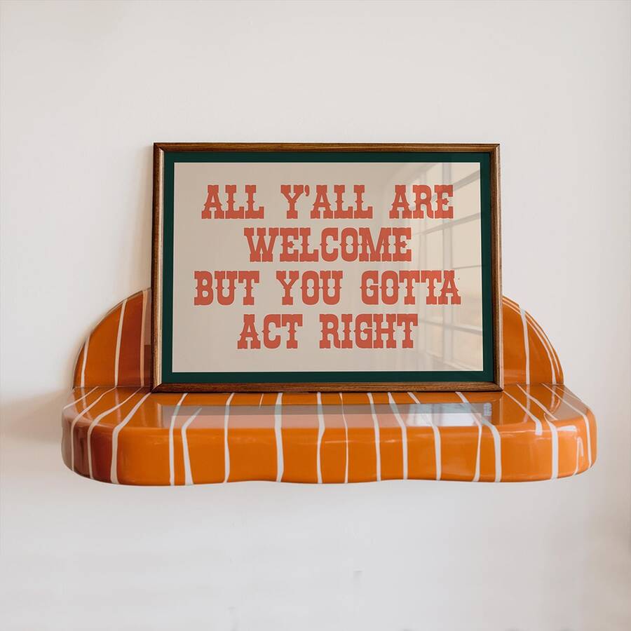 Vintage Welcome But Please Behave Cowboy Canvas poster with rustic farmhouse charm. Perfect for entryways, kitchens, porches, cabins, and country decor.
