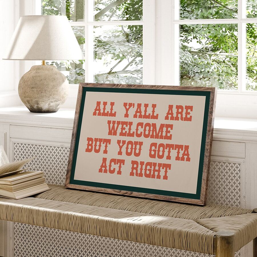 Vintage Welcome But Please Behave Cowboy Canvas poster with rustic farmhouse charm. Perfect for entryways, kitchens, porches, cabins, and country decor.
