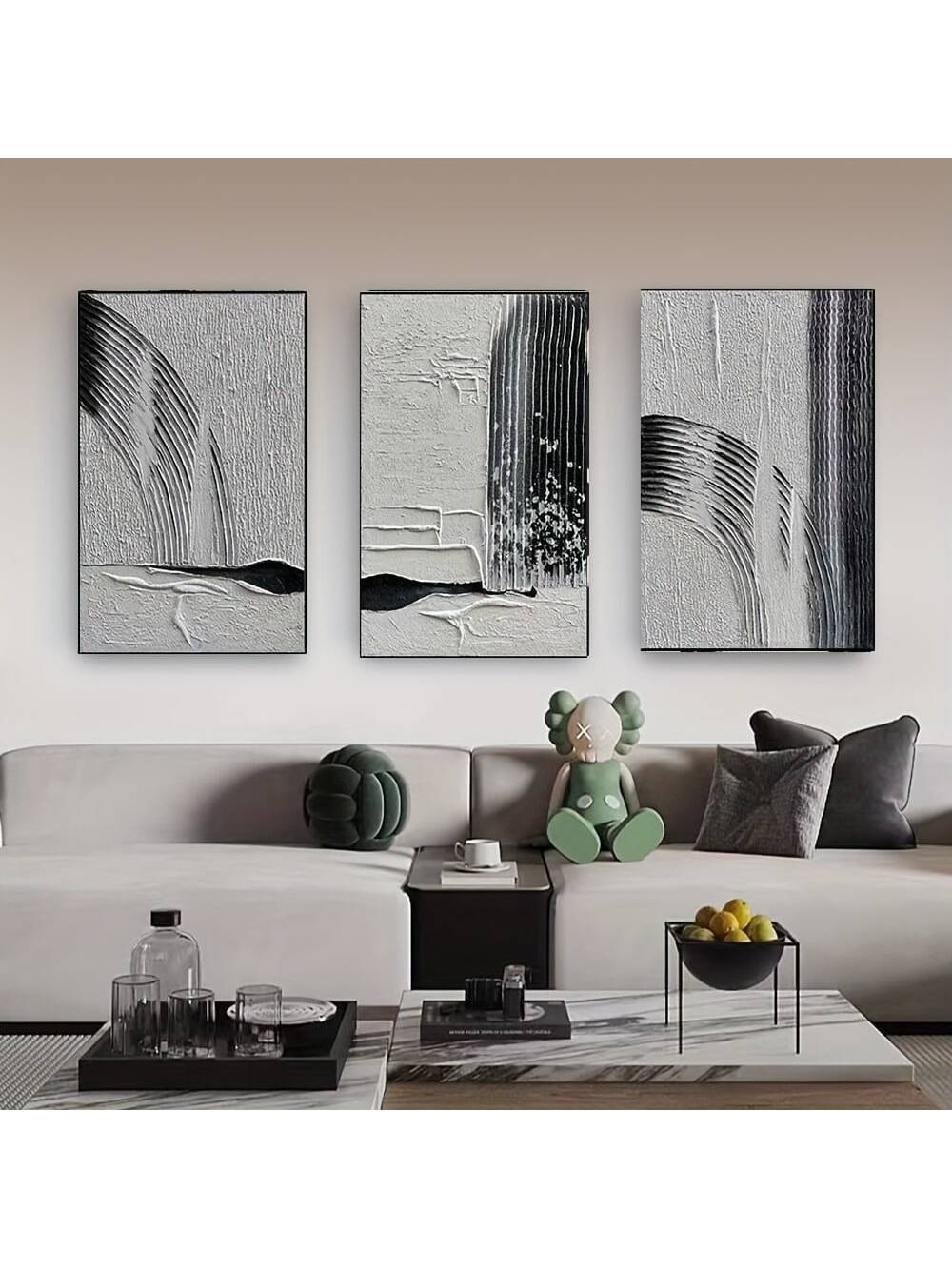 Elevate your living space with this expertly curated set of three black and white frameless abstract art prints. Designed for modern interiors, these prints offer a sophisticated blend of minimalism and artistic expression. Their frameless design allows seamless integration into any decor style, creating a striking visual impact while maintaining a clean, contemporary look. Perfect for adding depth and inspiration to your home or office environment.