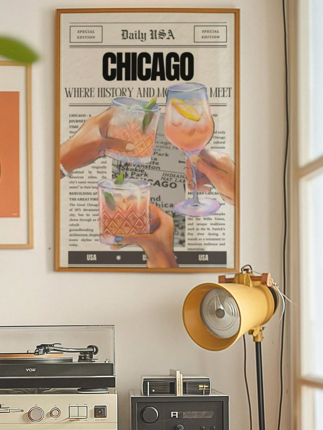 Celebrate the spirit of Chicago with this vibrant newspaper-style wall art featuring iconic cocktail imagery. Perfect for adding a unique touch to your home decor, this print captures the lively atmosphere of Chicago’s bar scene. Its bold design and rich colors make it an excellent gift for cocktail enthusiasts and city lovers alike, enhancing any space with a sophisticated yet playful vibe.