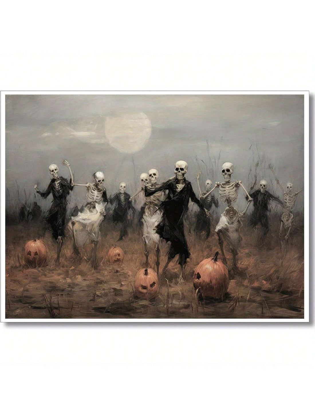 Celebrate the eerie charm of Halloween with this Vintage Wall Art Poster featuring a lively skeleton dance party surrounded by pumpkins. Perfectly blending Dark Academia and Victorian Gothic aesthetics, this piece adds a sophisticated yet spooky touch to your home decor. Crafted to evoke a timeless, mysterious atmosphere, it’s ideal for those who appreciate classic Halloween motifs with an artistic edge. Elevate your space with this unique poster that captures the spirit of the season in an elegant, vintage