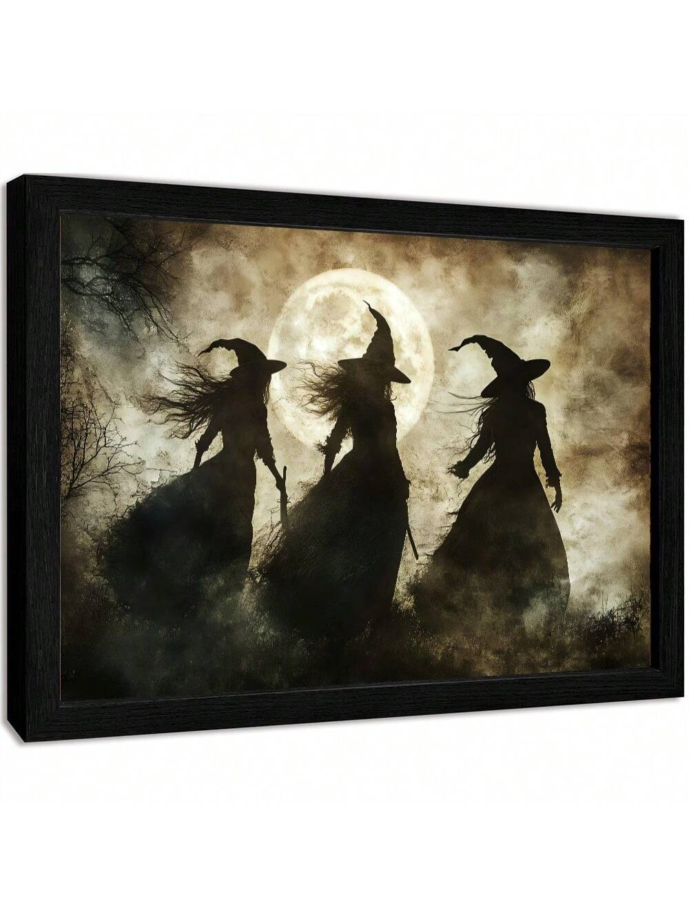 Capture the eerie charm of Halloween with this Three Witches Full Moon poster. Featuring a retro aesthetic on high-quality canvas, it adds a sophisticated, vintage touch to any home or office space. Perfect for seasonal decor or year-round ambiance, this artwork blends classic witchcraft imagery with timeless design, enhancing your environment with subtle mystique and style.