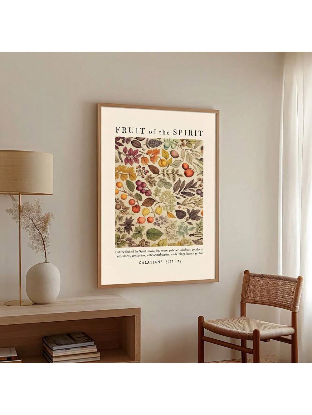 Elevate your spiritual space with this minimalist scripture wall art featuring the Fruit of the Spirit. This unframed canvas print combines contemporary design with timeless biblical wisdom, making it an ideal choice for modern Christian homes. The clean, understated aesthetic complements any décor style while serving as a daily reminder of faith-centered values.