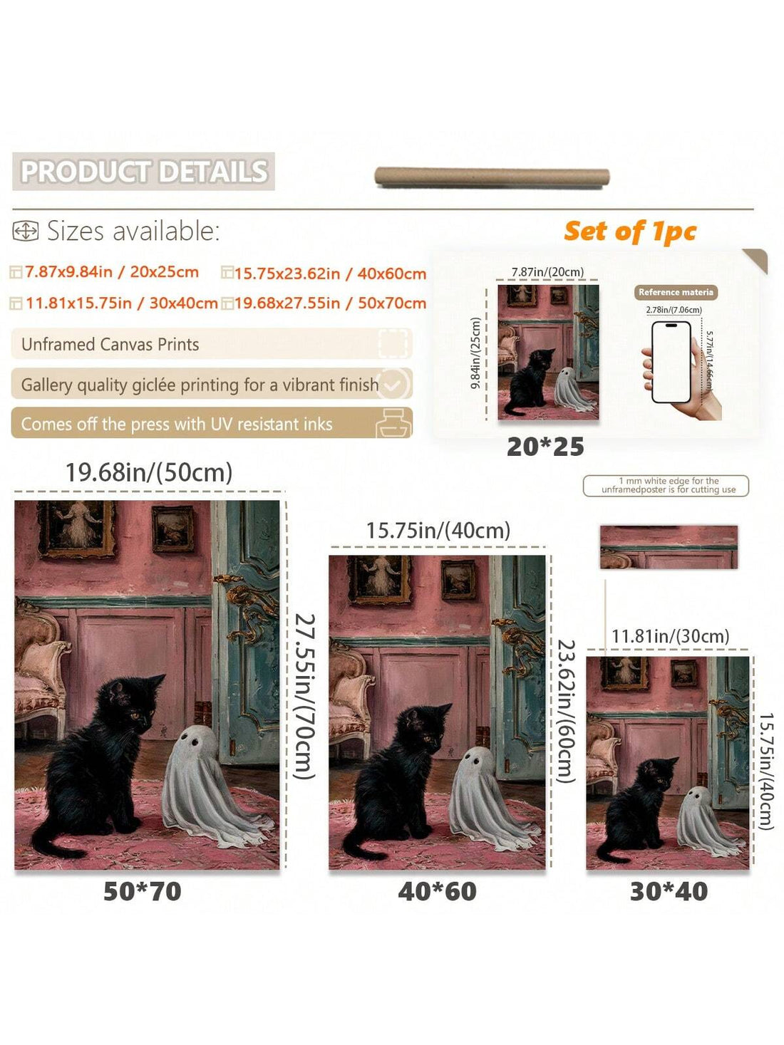 Transform your space into a festive autumn haven with this delightful Halloween canvas wall art. Featuring an enchanting blend of adorable ghosts, playful kittens, and a classic vintage black cat, this piece brings whimsical charm to any room. The carefully curated design balances spooky elements with cute aesthetics, making it ideal for those who appreciate Halloween décor with personality. 