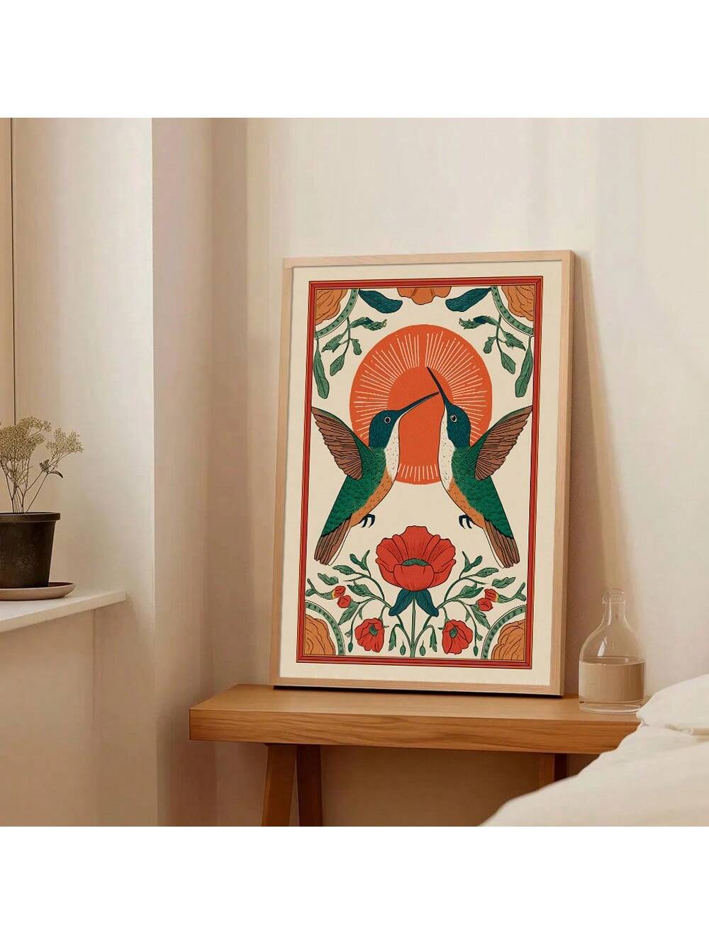 Bring a touch of rustic charm to your living space with this Boho Floral Hummingbird Wall Art. Featuring a vintage-inspired canvas print with delicate floral accents and a graceful hummingbird, it adds warmth and character to any room. This unframed poster is ideal for those seeking an effortless way to enhance farmhouse, bohemian, or cottage-style décor. Its soft color palette and detailed design create a serene atmosphere while blending seamlessly with natural wood and textured furnishings. Perfect for cr