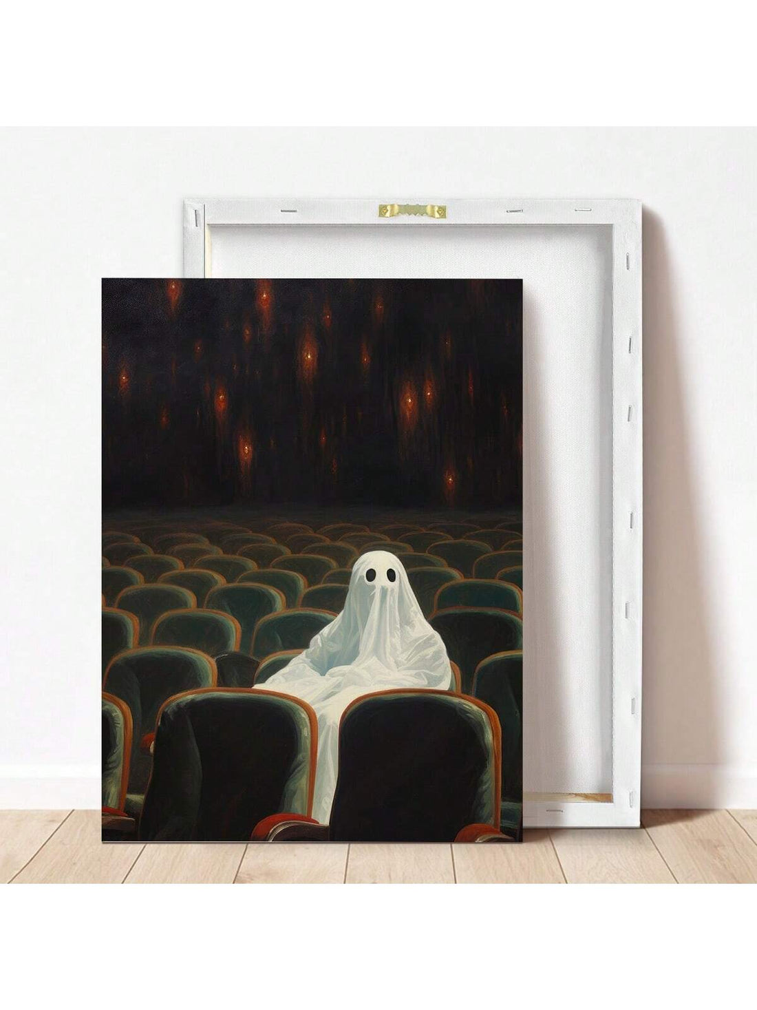 Elevate your Halloween ambiance with the "Gothic Ghosts in the Theater" framed canvas wall art. This expertly crafted piece captures eerie spectral figures set against a vintage theater backdrop, blending gothic aesthetics with haunting elegance. Perfect for adding a sophisticated yet spooky touch to your seasonal decor, it transforms any space into a mysterious, atmospheric setting ideal for Halloween celebrations. Durable and ready to hang, this artwork offers a timeless way to showcase your appreciation 