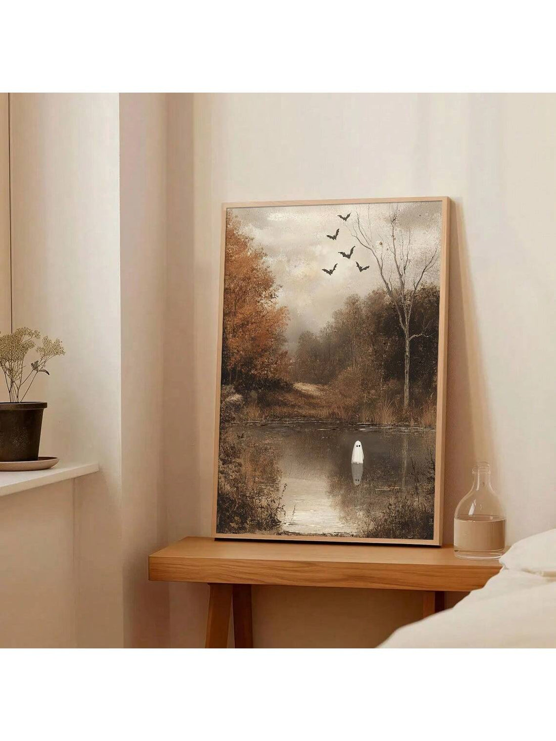 Enhance your autumn ambiance with this unframed Little Ghost Halloween wall art poster. Featuring a moody, rustic design, this canvas print captures the mysterious spirit of the season, making it an ideal addition to your fall home decor. Its subtle yet evocative imagery complements a variety of interiors, adding a touch of seasonal charm without overwhelming your space. Perfect for creating a cozy,