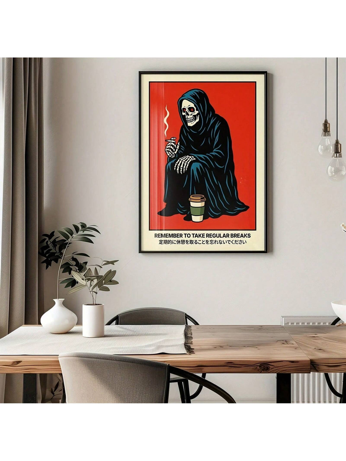 Add a touch of dark humor to your space with this Humorous Skeleton 'Death Rest' poster. Printed on high-quality black canvas, it combines aesthetic appeal with a witty design, making it an ideal statement piece for modern homes or offices. Its minimalist yet striking look complements contemporary decor while sparking conversation and lightening the mood. Durable and easy to hang, this art piece offers a unique blend of style and personality for those who appreciate clever, edgy artwork.