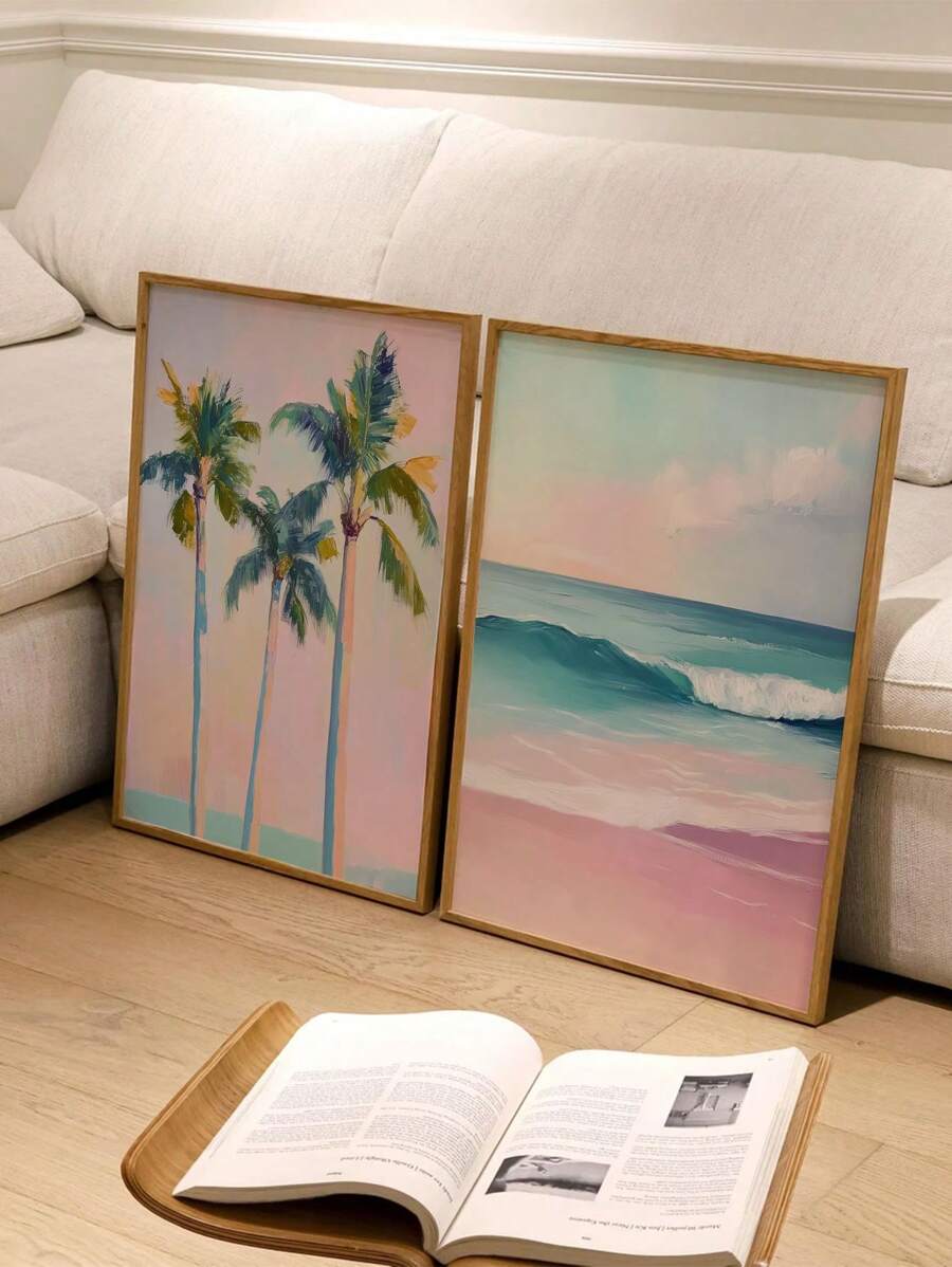 Elevate your beach cottage ambiance with this chic 2-piece pastel coastal wall art set. Featuring delicate tropical palm tree prints, these artworks bring a serene, breezy vibe to any room. The soft pastel tones complement coastal decor effortlessly, creating a tranquil and stylish atmosphere. Perfect for adding a subtle yet sophisticated touch of nature-inspired elegance to your living space.