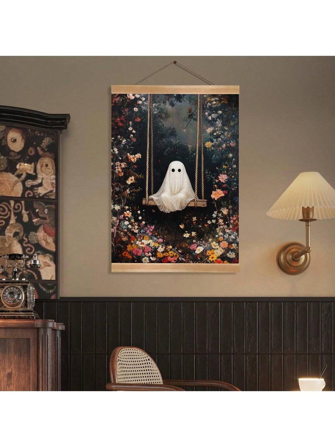 Add a touch of playful spookiness to your space with this Whimsical Ghost on a Swing canvas wall art. Featuring a bright floral background, this framed piece blends Halloween charm with vibrant colors, making it an ideal decoration for living rooms, bedrooms, or any area needing festive flair. Ready to hang, it offers effortless installation and a unique way to celebrate the season with style and sophistication.