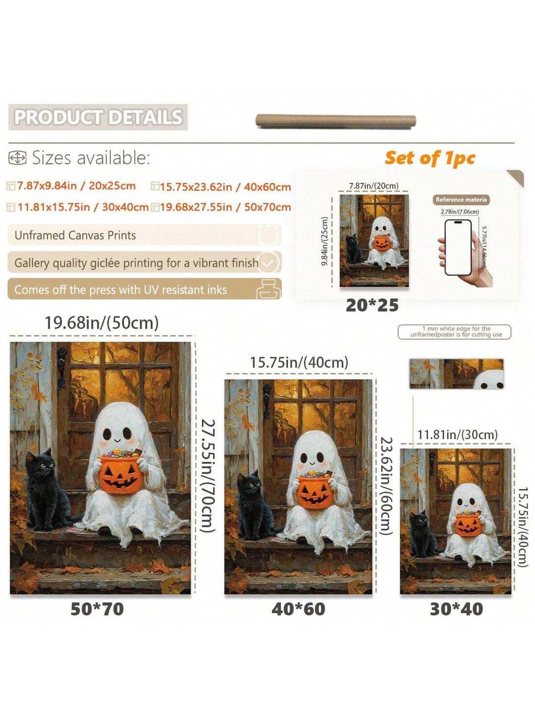 Add a touch of playful spookiness to your home with this framed canvas featuring a whimsical Halloween scene. Showcasing a charming ghost, a sleek black cat, and festive candy, this artwork captures the spirit of fall with a lighthearted twist. Perfect for enhancing your seasonal decor, it brings a professional yet fun ambiance to any room. Durable and ready to hang, this piece offers an easy way to celebrate Halloween with style and subtlety.