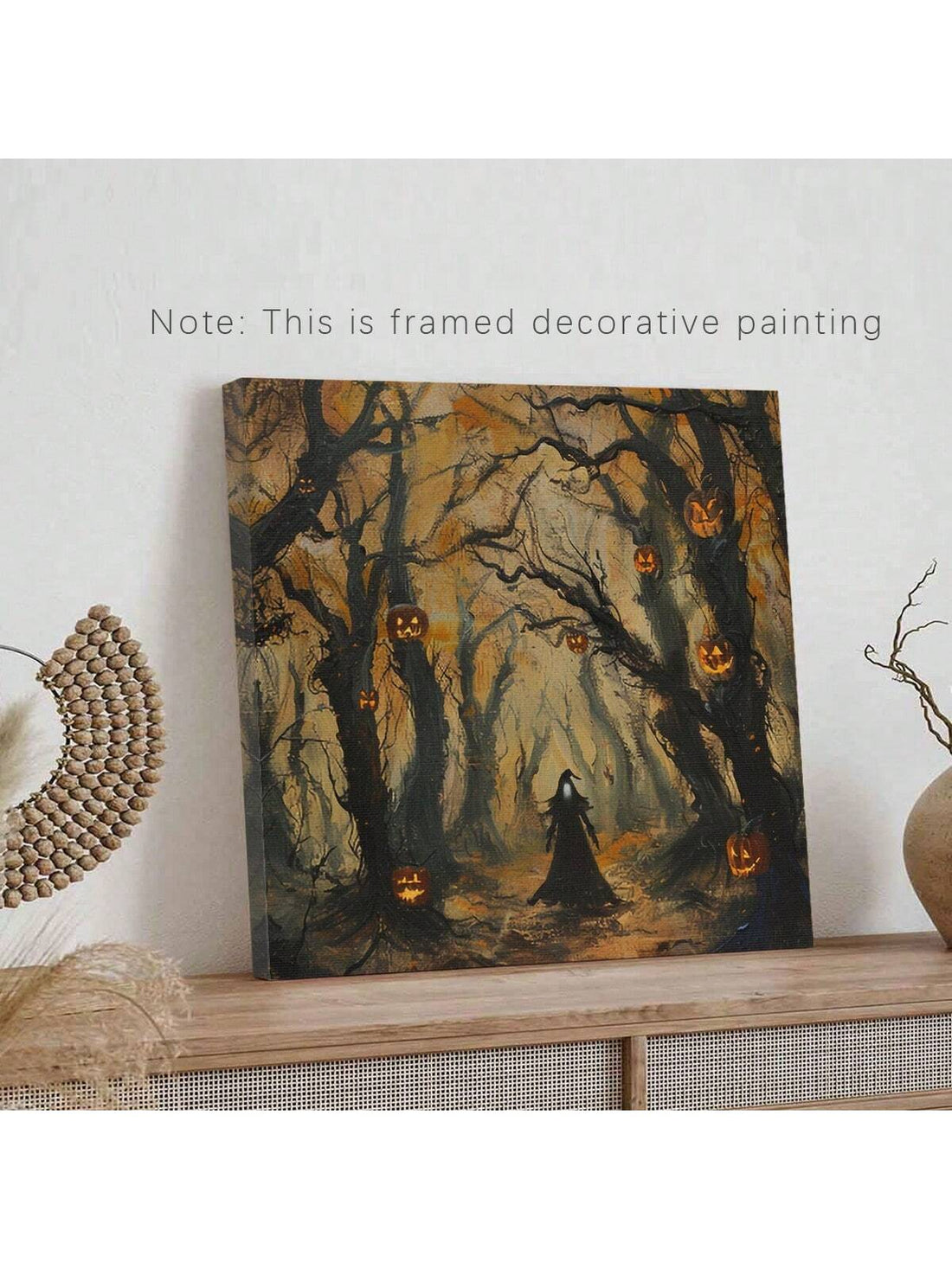Elevate your Halloween decor with this Gothic Halloween Framed Canvas Art featuring a haunting witch set against a dark, mysterious forest. Expertly crafted, this piece adds an enchanting and eerie ambiance to any room, perfect for those who appreciate sophisticated spooky aesthetics. Its detailed imagery and quality framing make it a standout addition to your seasonal or gothic-themed collection.
