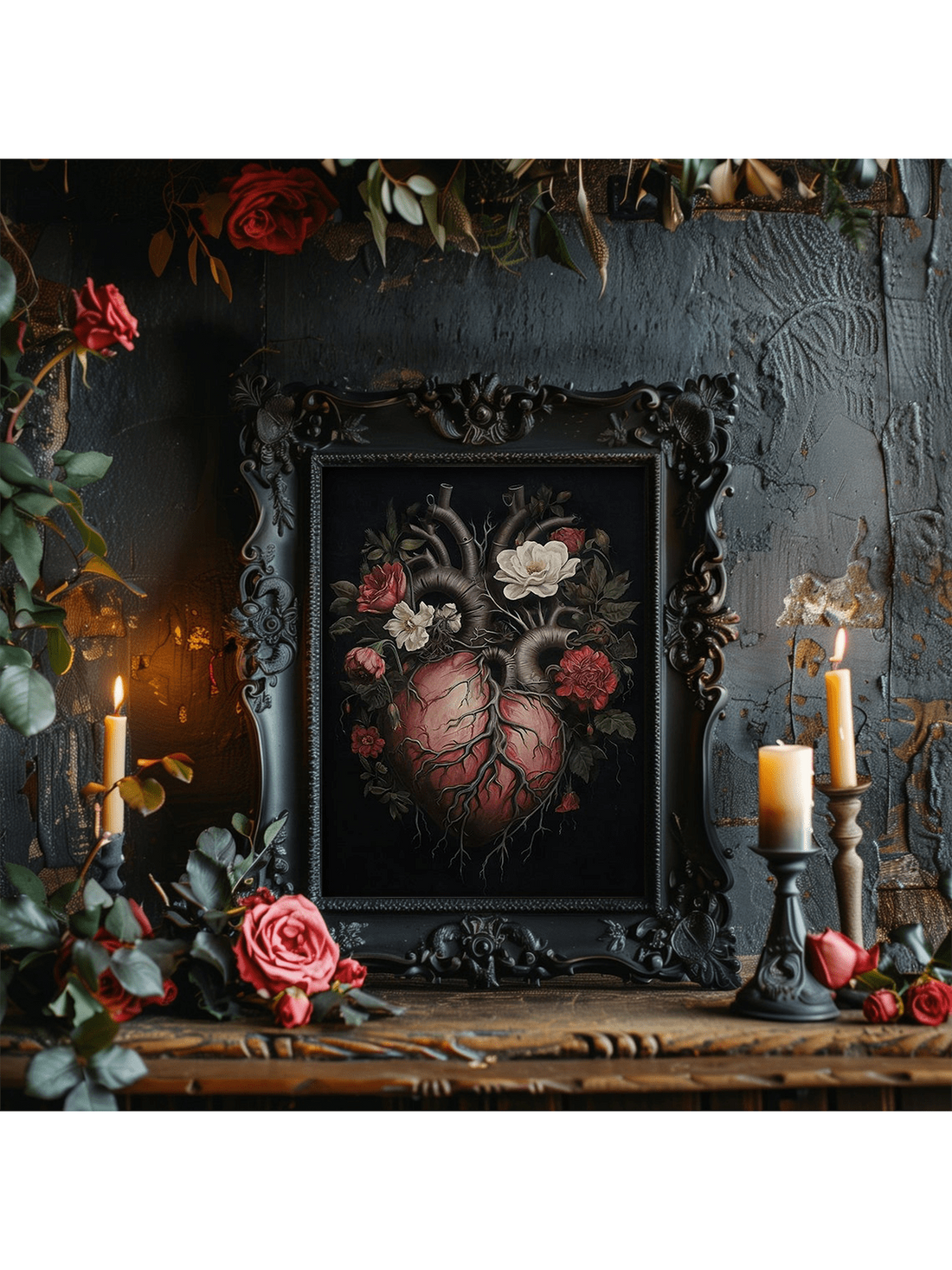 This Macabre Heart &amp; Flowers Wall Art combines gothic aesthetics with vintage charm, making it an ideal piece for dark academia decor. The intricate design features a macabre heart entwined with delicate flowers, evoking a sense of mystery and timeless elegance. Perfect for adding depth and character to any space, this poster enhances your environment with a sophisticated, scholarly atmosphere. Crafted to appeal to enthusiasts of gothic and vintage styles, it serves as a striking focal point that comple