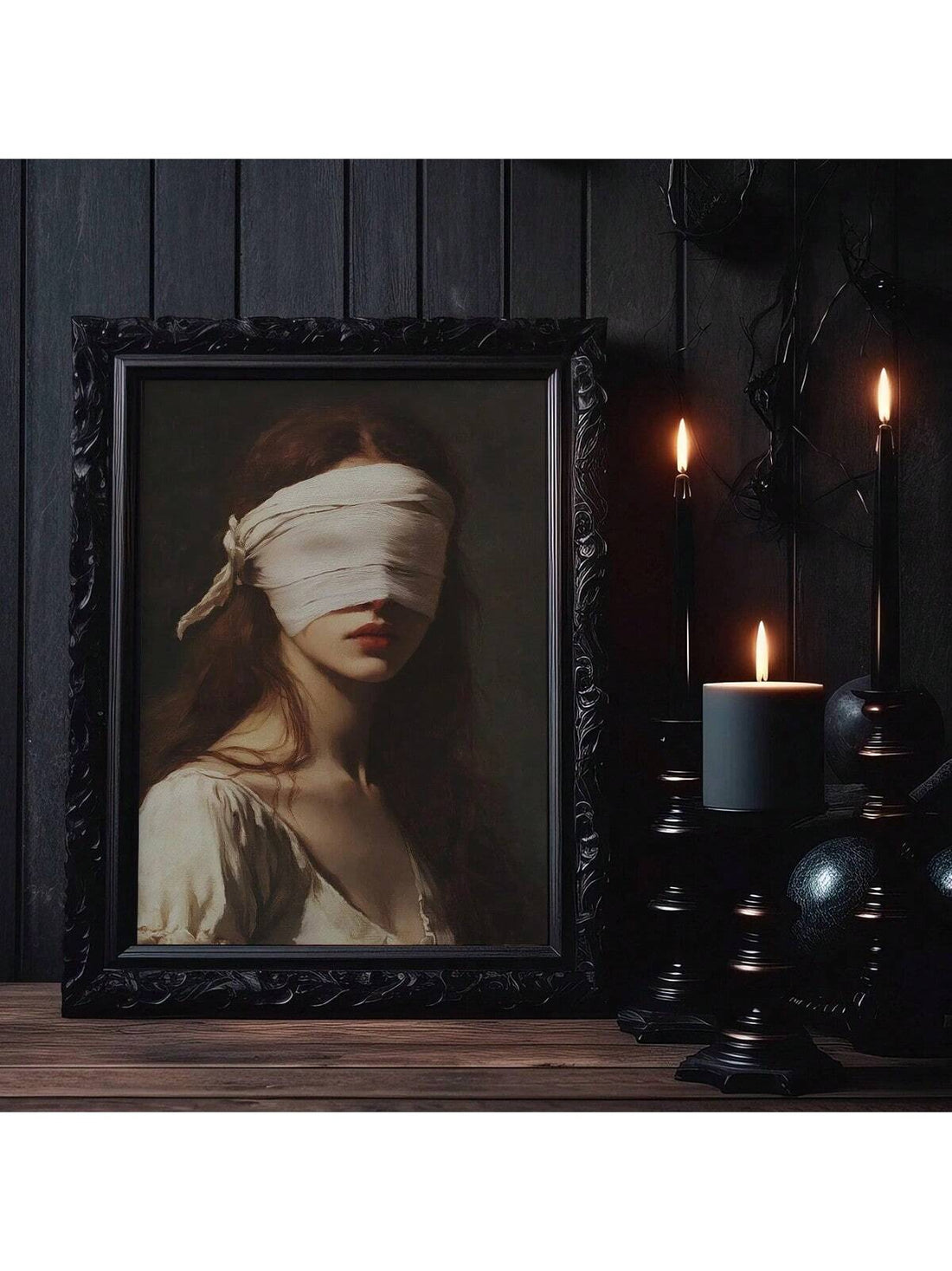 Elevate your Halloween decor with this Gothic Halloween Wall Art featuring a vintage blindfolded beauty. Printed on high-quality canvas, this piece adds a mysterious and eerie charm to any space. Its timeless gothic aesthetic makes it perfect for creating a spooky yet sophisticated atmosphere in your home. Durable and ready to hang, it’s an expert choice for those seeking unique seasonal decoration with a classic edge.
