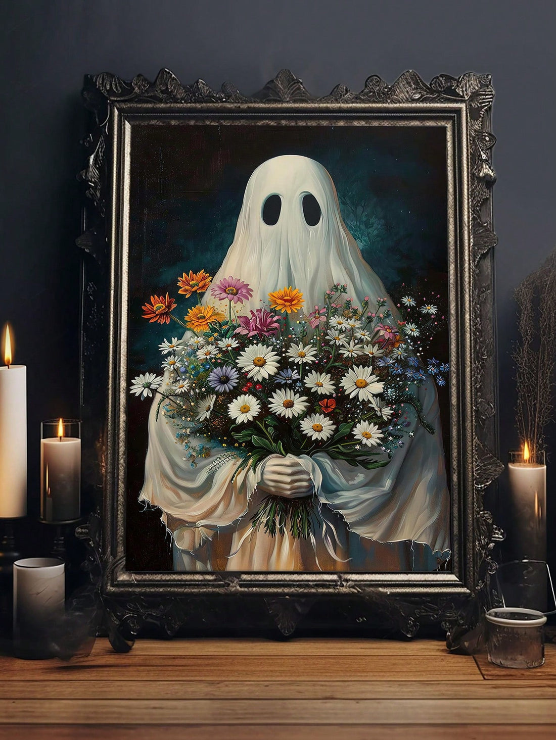 Elevate your dark academia or gothic-inspired space with this Spooky Ghost Holding Flowers canvas print. Combining eerie Halloween charm with delicate floral elements, this artwork adds a sophisticated yet haunting touch to your decor. Printed on high-quality canvas, it offers lasting vibrancy and texture, perfect for creating an atmospheric focal point in any room. Ideal for those who appreciate the blend of macabre and elegance in their interior design.