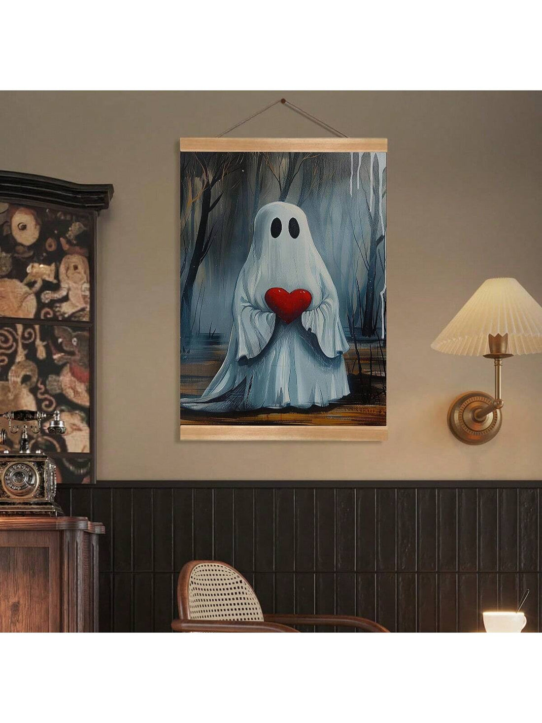 Add a touch of nostalgic charm to your Halloween decor with this Vintage Ghost Holding Heart Canvas Art. Expertly crafted, it blends spooky and sweet elements, making it ideal for festive living rooms and bedrooms. The timeless design enhances seasonal ambiance while maintaining a warm, inviting feel. Durable and easy to hang, this canvas art is a sophisticated choice for those seeking unique, tasteful Halloween decorations.