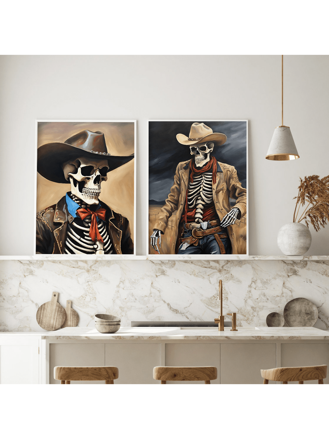 Enhance your space this Halloween with this set of 2 vintage-style skull print wall art pieces. Featuring autumnal tones and classic design, these prints bring a sophisticated seasonal touch to living rooms, bedrooms, offices, and more. Crafted to complement a variety of decor styles, they offer a subtle yet striking way to celebrate the season with timeless appeal.