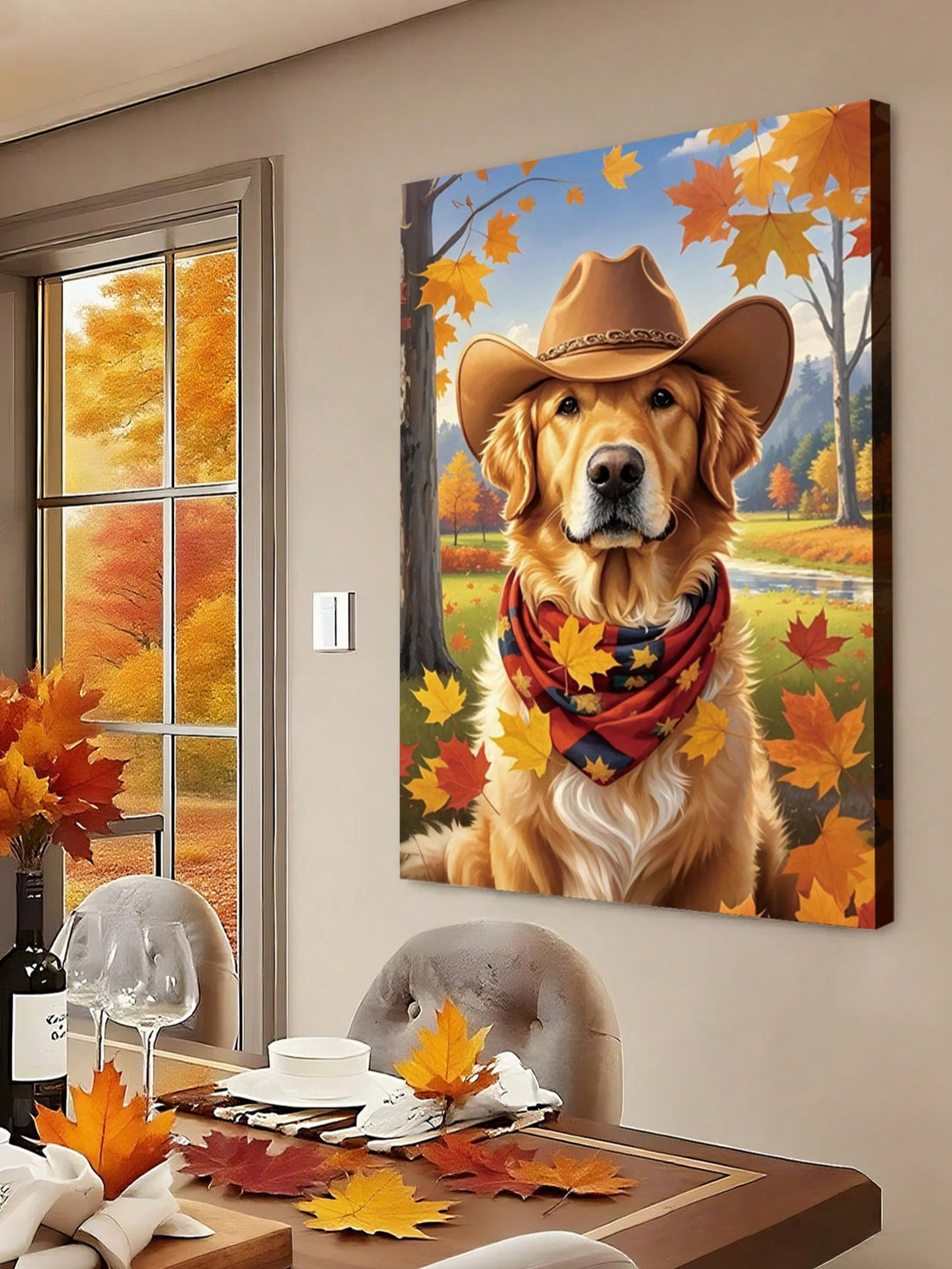 Celebrate the warmth of autumn with this expertly crafted canvas art featuring a Golden Retriever wearing a cowboy hat beneath a vibrant maple tree. This piece combines rustic charm with seasonal beauty, making it an ideal addition to your home decor. Its detailed imagery and rich fall colors create a welcoming atmosphere, perfect for enhancing living spaces with a touch of nature and personality. Durable and ready to hang, this artwork offers both aesthetic appeal and lasting quality for any room.