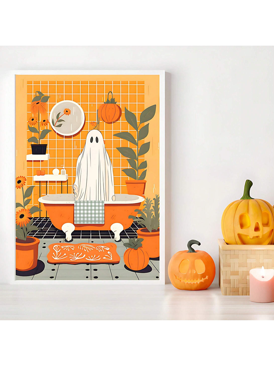 Add a playful touch to your bathroom with this Cute Ghost Halloween Art Print. Designed to bring charm and seasonal spirit, this print features an adorable ghost motif that complements any bathroom decor. Its subtle Halloween theme creates a festive yet tasteful atmosphere, perfect for enhancing your space with expert style and seasonal cheer.