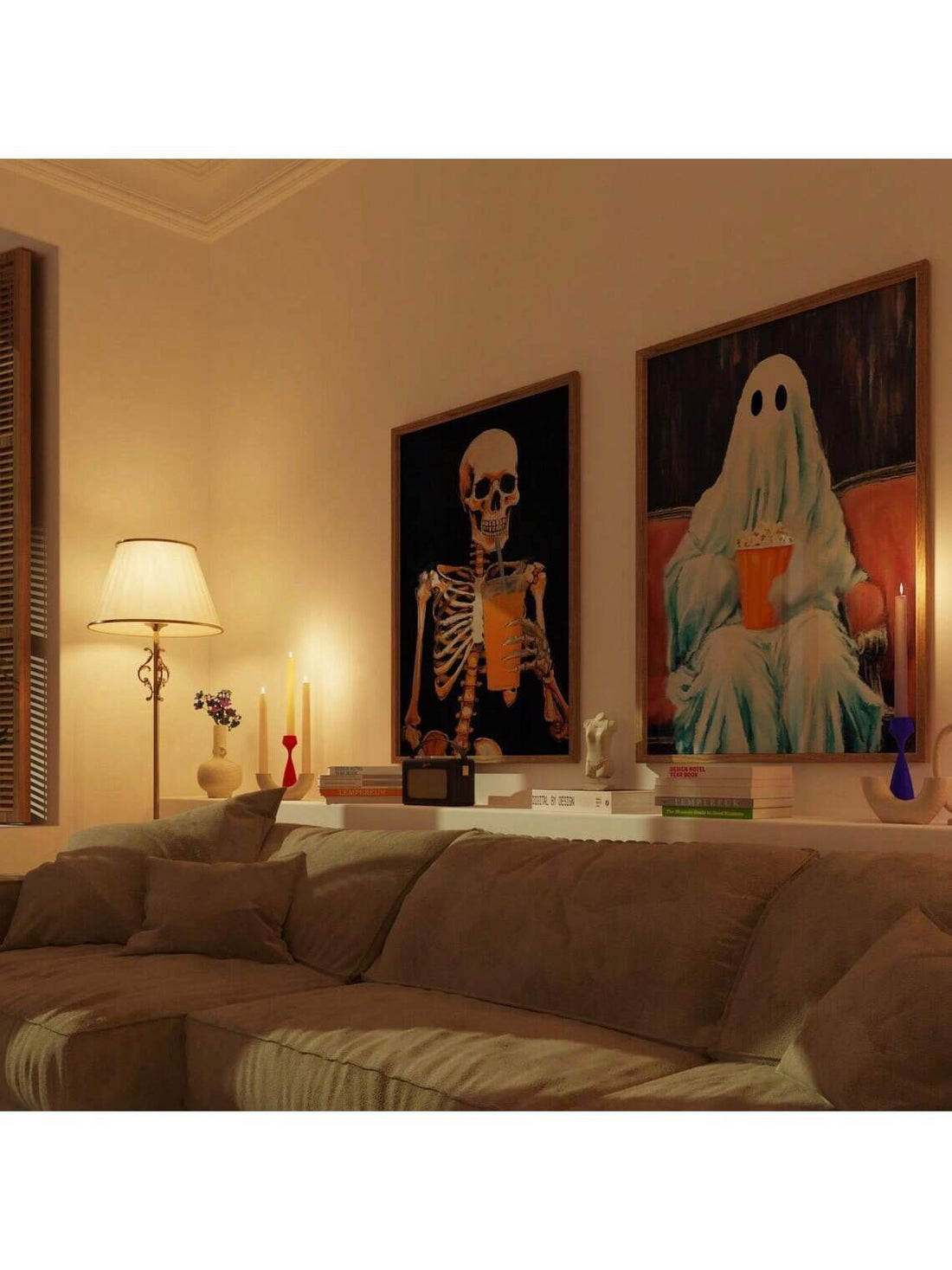 Elevate your Halloween decor with this expert-curated 2-piece wall art set featuring vintage-inspired skeleton and ghost posters. Perfect for adding a classic spooky touch to any room, these high-quality prints blend nostalgic charm with eerie elegance. Ideal for creating a festive atmosphere, they offer a timeless aesthetic that complements both modern and traditional interiors. Durable and visually striking, this set is a sophisticated choice for Halloween enthusiasts seeking tasteful yet haunting home ac