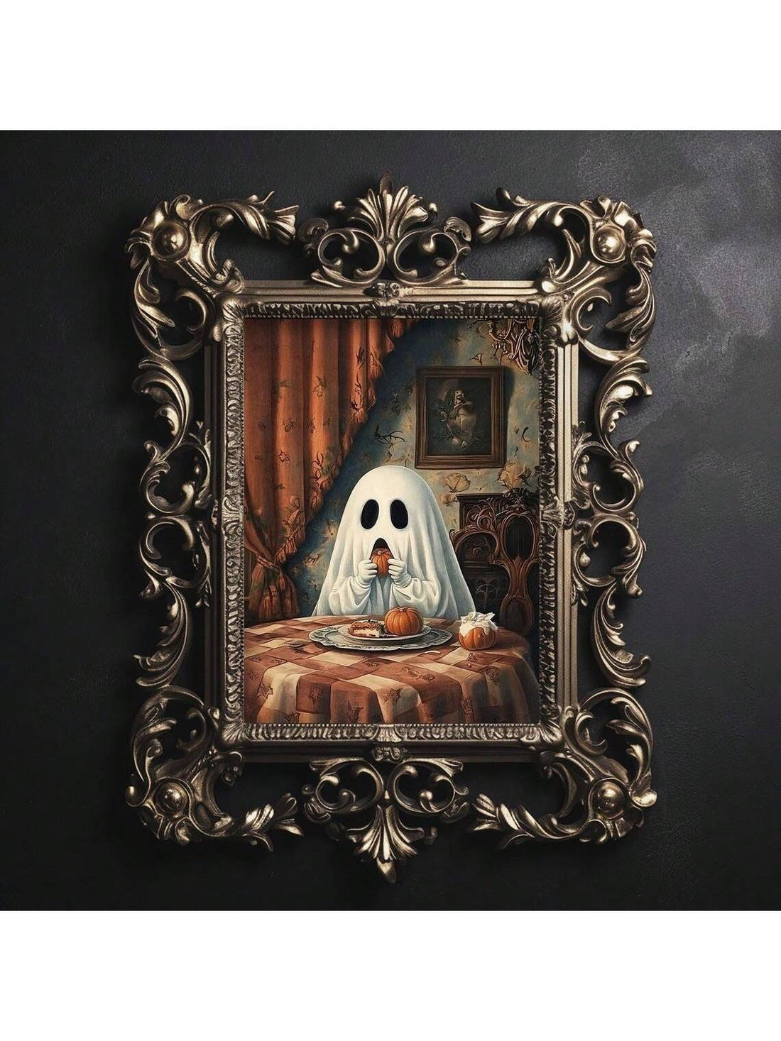 Add a charming vintage touch to your space with this Cute Ghost Eating Pumpkin Wall Art. Perfect for Halloween, it brings a playful yet nostalgic vibe to homes, college dorms, or offices. Crafted to evoke classic seasonal spirit, this piece enhances any room with subtle festive cheer while maintaining a timeless aesthetic. Ideal for those seeking tasteful holiday decor that blends whimsy with tradition.