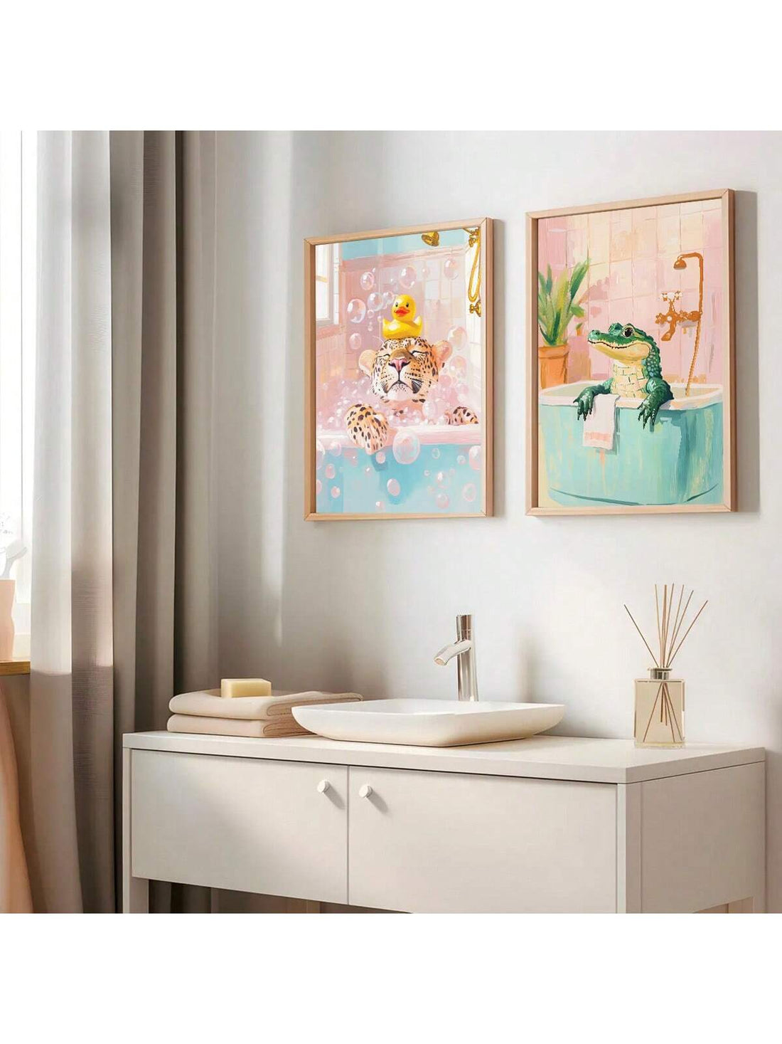 Add a playful yet sophisticated touch to your bathroom with this Cute Leopard and Alligator Poster Print Set. Featuring vibrant maximalist designs, these prints bring a fun, preppy vibe that elevates your wall decor. Perfectly sized for bathroom spaces, they combine bold animal motifs with stylish color palettes to create an eye-catching focal point. Durable and easy to frame, this set offers a unique way to refresh your space with personality and charm.