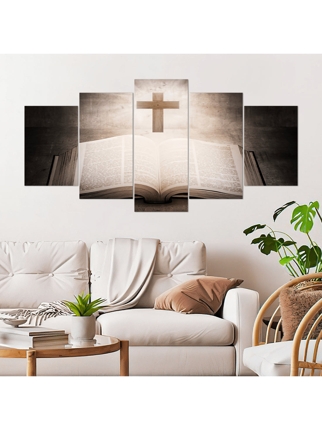 Enhance your living space with this 5-piece Modern Christian Canvas Wall Art Set, featuring elegant depictions of The Holy Bible alongside a beautifully crafted wooden cross. Designed to inspire faith and add a refined spiritual touch, this set combines contemporary style with meaningful symbolism, making it an ideal choice for sophisticated home decor. Each piece is carefully crafted to ensure lasting quality and visual impact, perfect for creating a serene and uplifting atmosphere in any room.