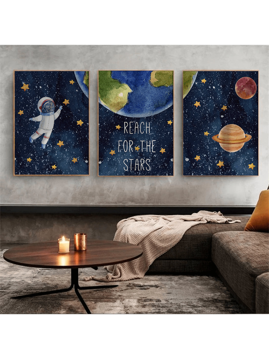 Enhance your child's room or nursery with this expertly crafted 3-piece Outer Space Canvas Art Set. Featuring vibrant, detailed illustrations of stars, planets, and rockets, this wall decor inspires imagination and curiosity about the universe. Each canvas is designed for easy hanging and made with durable materials to maintain vivid colors over time. Perfect for creating a stimulating and educational environment that encourages kids to reach for the stars.