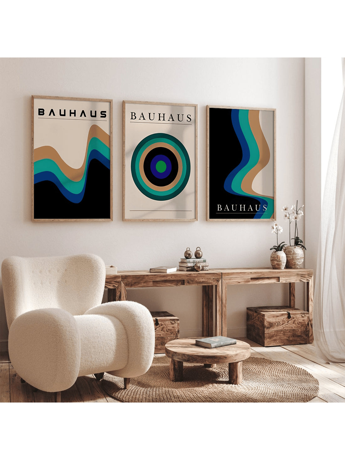 Transform your environment with this set of three Bauhaus-inspired abstract canvas prints. Designed to complement modern interiors, these artworks bring a sophisticated blend of geometric shapes and bold colors, perfect for enhancing the ambiance of your home, office, or dorm. Each piece is crafted to provide a clean, minimalist aesthetic that encourages creativity and focus, making them ideal for professional and personal spaces alike. Elevate your décor with these timeless prints that balance artistic exp
