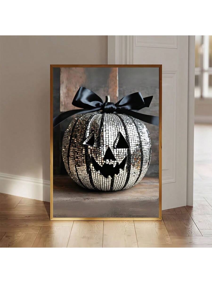 Celebrate the spooky season with this Elegant Halloween Bow Disco Ball Pumpkin Canvas Art. Featuring a unique jack-o'-lantern design adorned with a shimmering disco ball bow, this canvas adds a sophisticated yet festive touch to your Halloween decor. Perfect for creating an eye-catching focal point, it blends classic Halloween charm with modern elegance, making it ideal for both home and event decoration. Durable and ready to hang, this artwork brings a stylish twist to your seasonal ambiance.