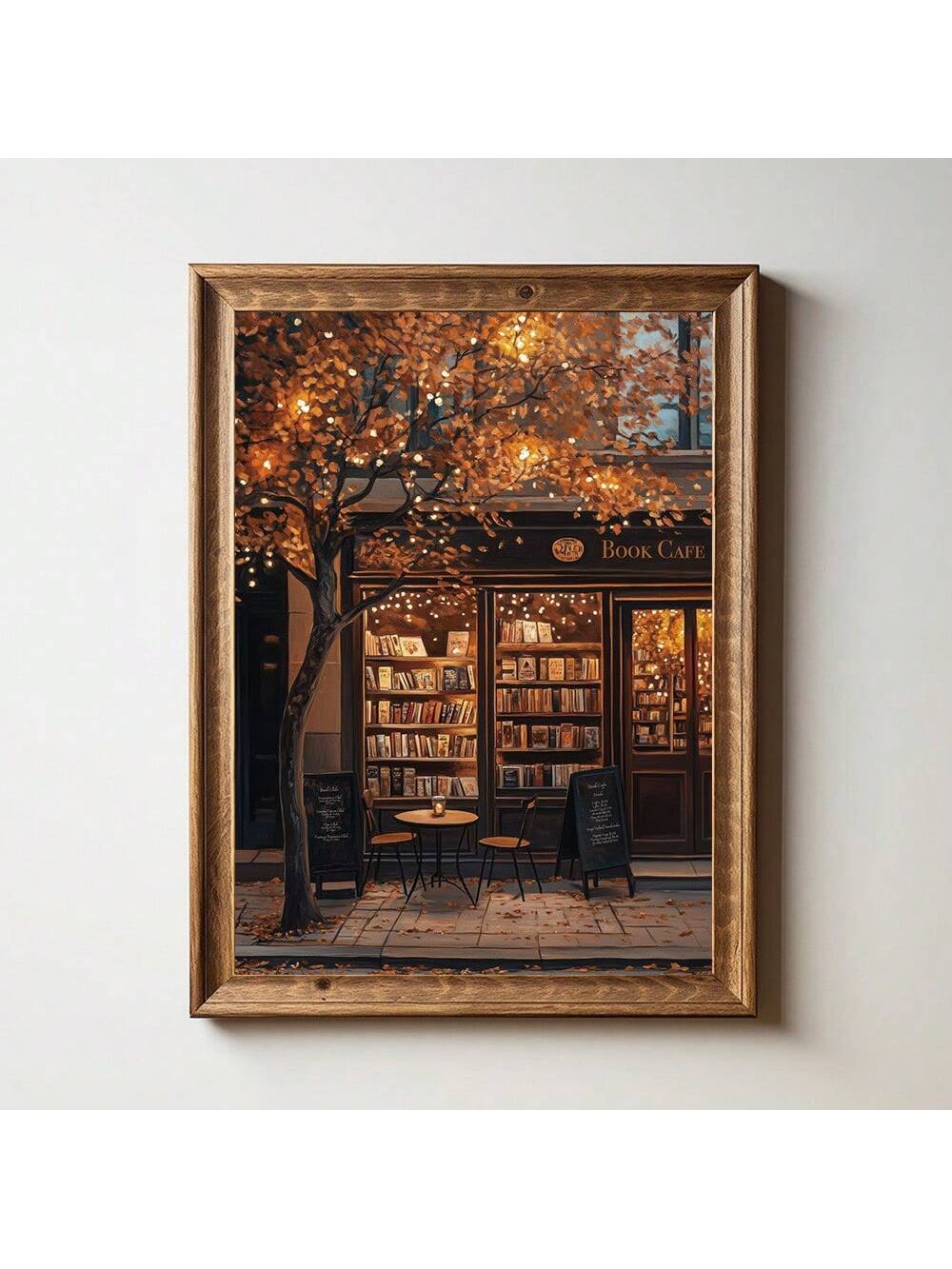 Capture the warm ambiance of fall with this Cozy Autumn Cafe Wall Art Print. Designed as a frameless poster, it offers a sleek, modern aesthetic perfect for elevating your home decor. The rich autumnal colors and inviting cafe scene create a soothing focal point, enhancing any living space with seasonal charm and sophistication. Ideal for those who appreciate minimalist design with a cozy twist.