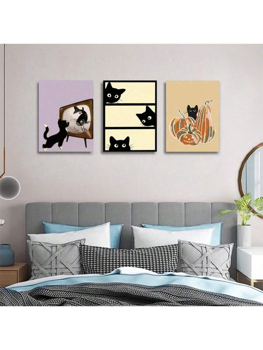 Add a touch of playful charm to your space with this 3-piece canvas wall art set. Featuring whimsical 2D flat designs of a pumpkin and a black cat, these prints are perfect for cat lovers seeking unique seasonal decor. Crafted for easy hanging, the set brings a balanced blend of simplicity and character to any room, enhancing your home with subtle festive spirit and artistic flair.