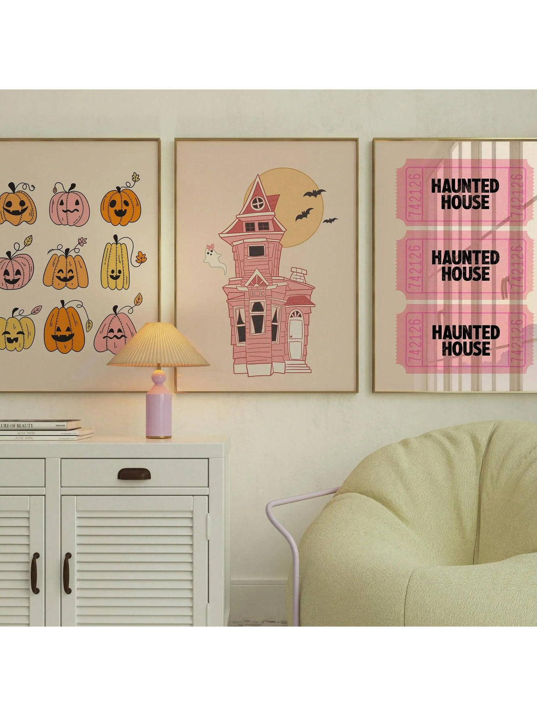 Add a playful yet spooky touch to your child's room with this 3-piece pastel pink Halloween haunted house wall art set. Designed with vibrant colors and charming details, these prints create a fun, festive atmosphere that’s perfect for young Halloween enthusiasts. Easy to hang and coordinate, this set brings a cheerful, whimsical vibe to any kid’s space while celebrating the spirit of the season.