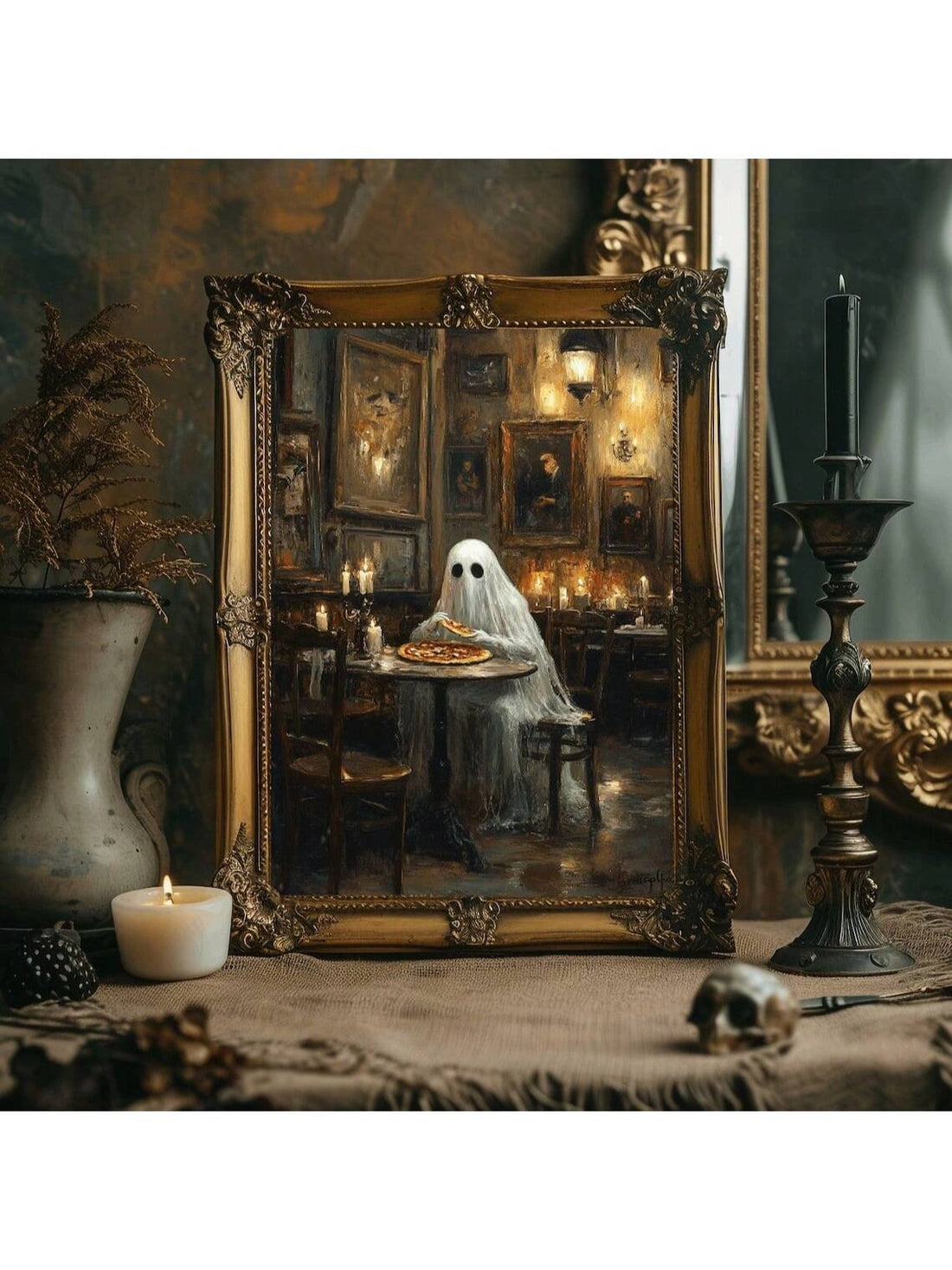 Celebrate the spirit of fall with this vintage-style Halloween art poster featuring a spooky ghost enjoying a slice of pizza. Its unique design adds a playful yet eerie touch to your seasonal decor, making it an ideal wall accent for Halloween parties and autumn gatherings. Crafted to evoke nostalgia while enhancing your festive atmosphere, this poster is perfect for those who appreciate classic Halloween charm with a modern twist.