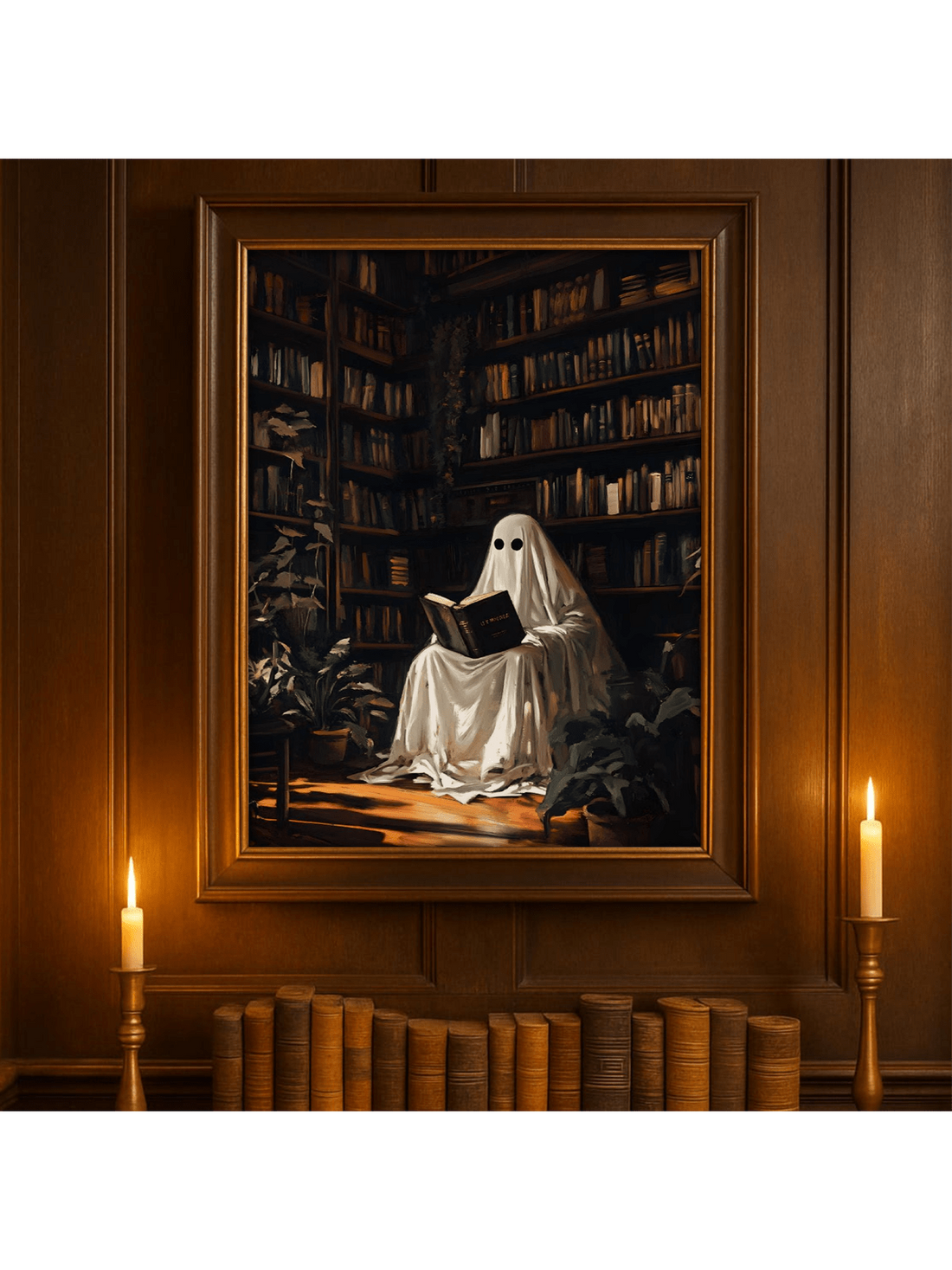 This charming canvas print features a cute ghost engrossed in a book within a cozy library setting, blending vintage cottagecore aesthetics with Halloween spirit. Perfect for adding a touch of whimsical warmth to your home or dorm, it creates an inviting atmosphere that celebrates both literature and seasonal charm. Crafted to enhance any space with subtle festive flair, this artwork is ideal for those who appreciate unique, themed decor with a nostalgic twist.