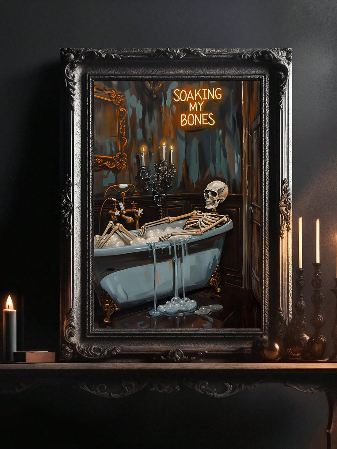 Elevate your dark home aesthetic with this Gothic Skeleton Bath Canvas Wall Art. Featuring vintage Halloween-inspired design, it adds a hauntingly elegant touch to any space. Crafted to evoke a mysterious atmosphere, this piece is perfect for those who appreciate macabre art with timeless appeal. Ideal for seasonal decor or year-round display, it enhances your environment with subtle gothic charm.