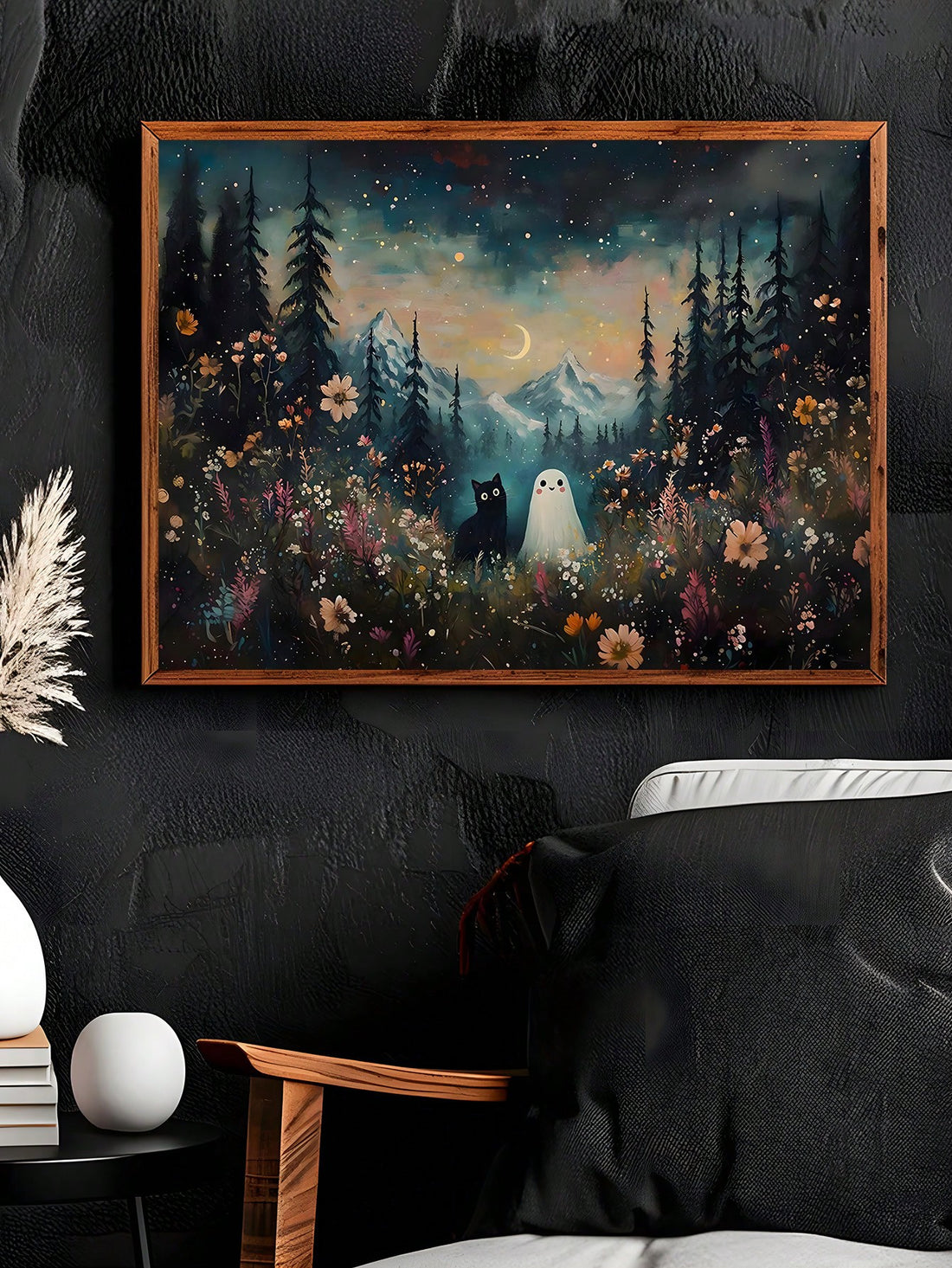 Transform your space into a Halloween haven with this enchanting canvas art featuring a playful ghost and mysterious black cat. Expertly crafted with vibrant colors and whimsical details, this piece captures the spirit of the season while maintaining sophisticated appeal. Perfect for living rooms, bedrooms, or entryways, it adds personality and festive charm without overwhelming your décor. The durable canvas construction ensures lasting quality, making it an investment in seasonal style that you'll treasur