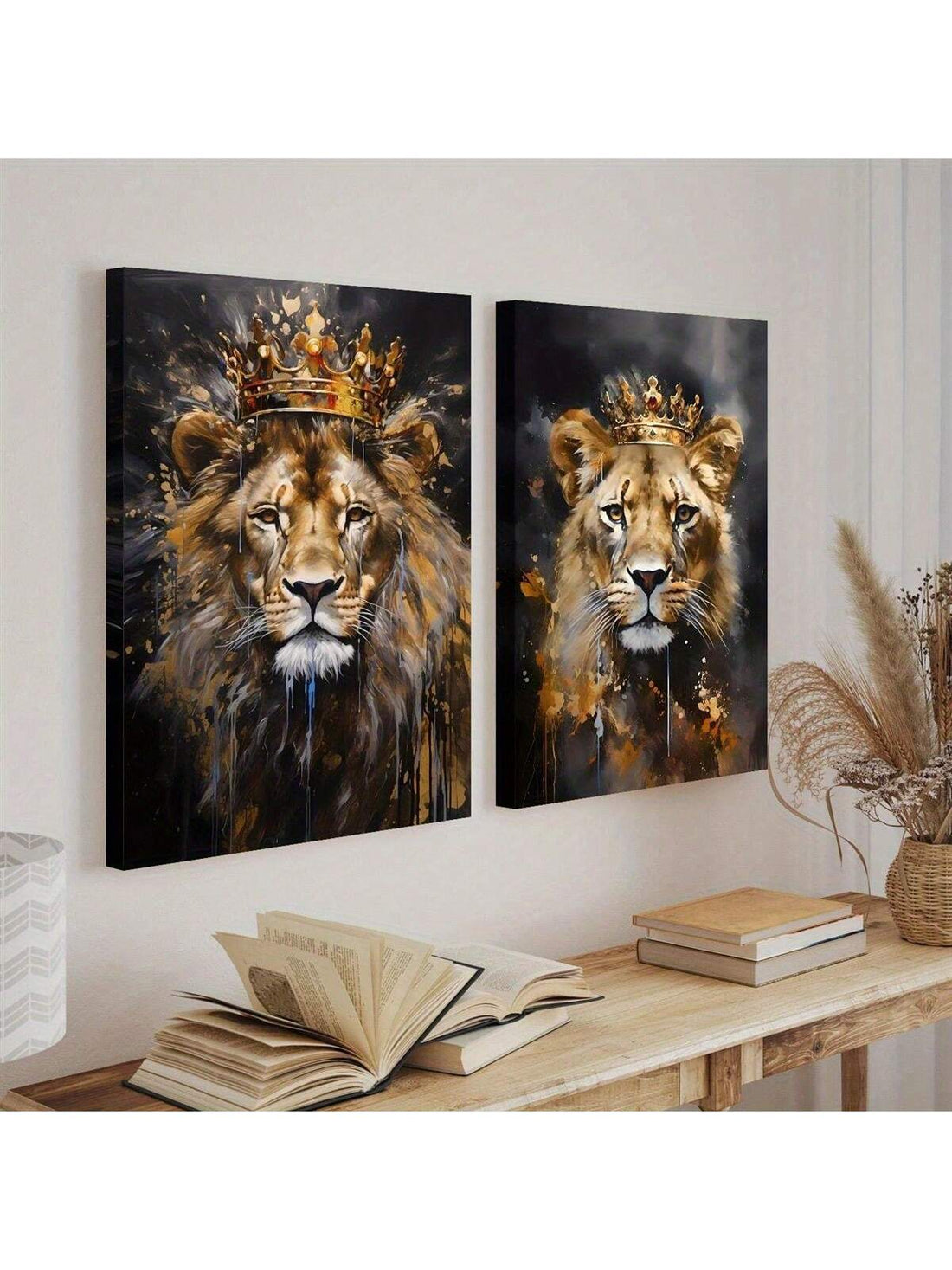 Elevate your living space with the Majestic King and Queen Lion Canvas Wall Art Set. This elegant duo captures the regal presence of lions, adding a sophisticated animal-themed accent to your living room or bedroom. Crafted with attention to detail, these canvases bring a sense of strength and grace, enhancing your décor with timeless artistry. Perfect for those seeking a refined statement piece that combines nature’s majesty with stylish interior design.