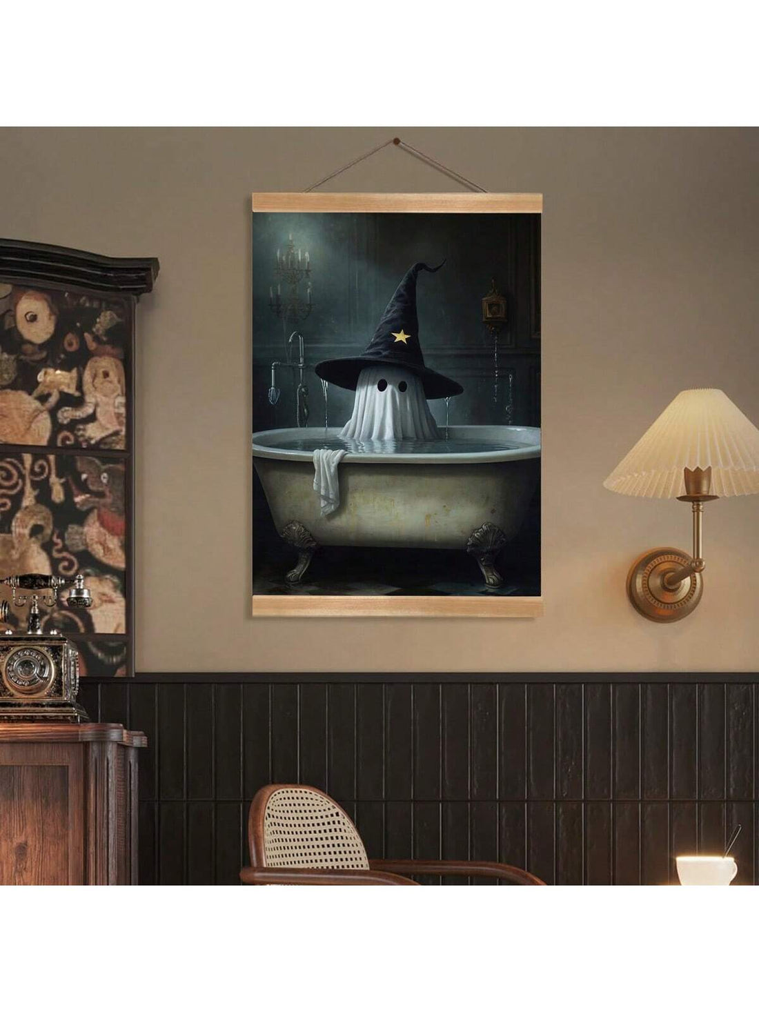 Add a touch of eerie charm to your home with the Spooky Ghost in Bath Canvas Wall Art. This unique piece captures a playful yet haunting ghostly figure in a bathtub, making it an ideal Halloween decoration for your living room, bedroom, or bathroom. Crafted with high-quality canvas, it offers vivid detail and durability, enhancing your seasonal décor with a sophisticated spooky vibe. Perfect for those who appreciate subtle, expert-themed Halloween accents.