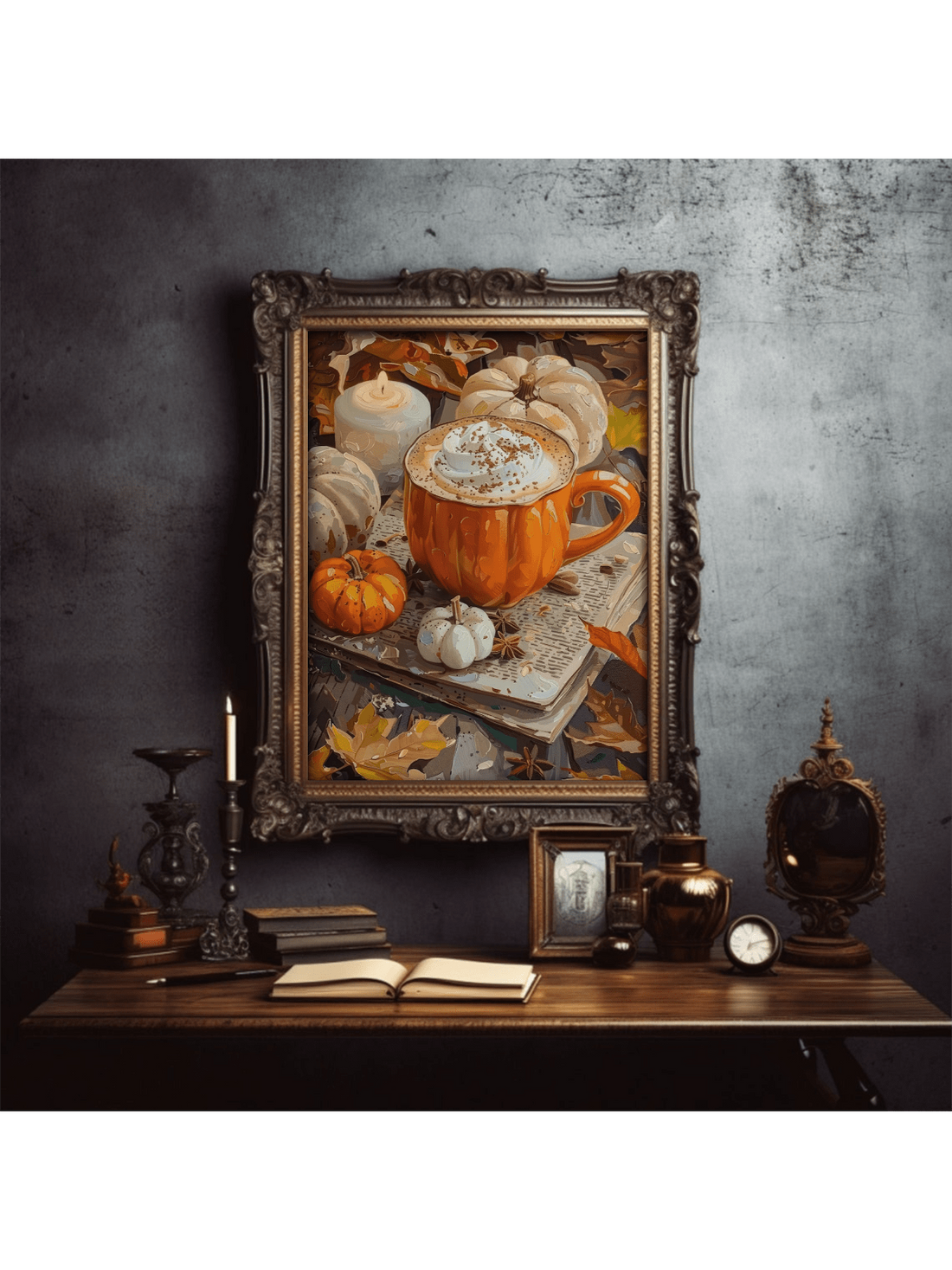Celebrate the warmth of autumn with this Cozy Pumpkin Spice Latte Wall Art Print. Expertly designed to evoke the inviting spirit of fall, it adds a charming touch to any living space. Perfect for creating a seasonal ambiance, this print blends rich autumnal colors and cozy imagery, making it an ideal decor piece for your home during the cooler months. Elevate your fall interior with this tasteful and comforting artwork.