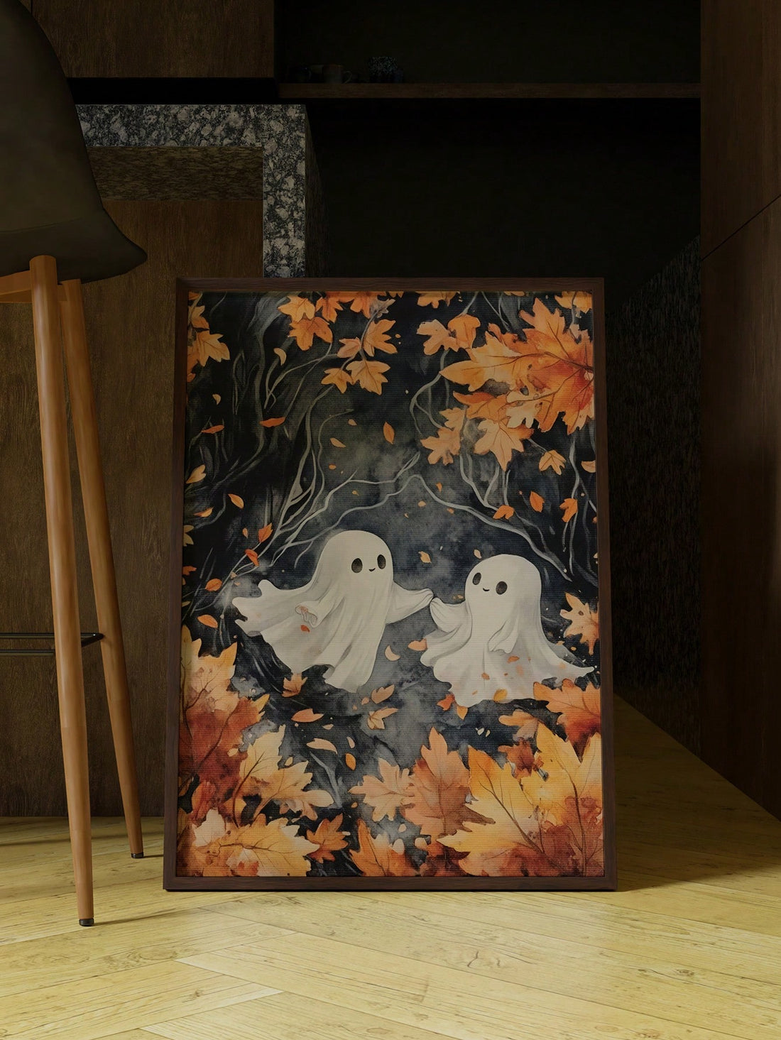 Celebrate the spirit of fall with this Spooky Ghost Wall Art, featuring a unique blend of Halloween charm and autumnal maple leaf motifs. Perfect for adding a festive touch to your home or office, this poster combines seasonal imagery with expert design to create an inviting yet eerie atmosphere. Its high-quality print ensures vibrant colors and sharp details, making it an ideal centerpiece for your Halloween decor collection. Elevate your seasonal decorations with this sophisticated and thematic wall art.