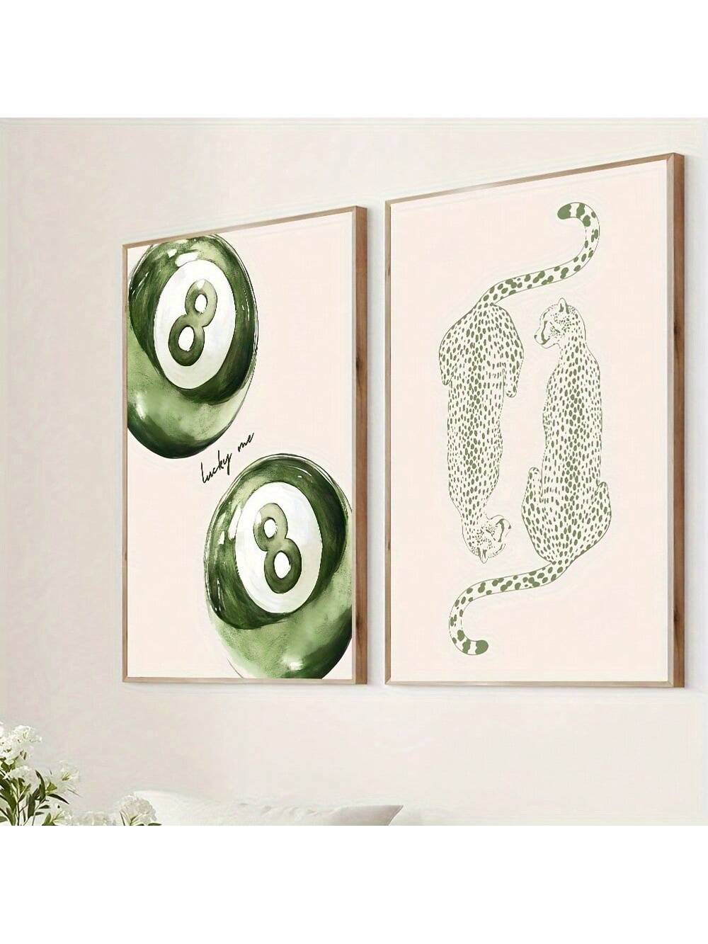 Elevate your space with this chic set of two unframed art posters featuring a green cheetah print and a lucky 8 pool ball design. Perfectly capturing the Y2K aesthetic, these prints add a trendy, playful vibe ideal for girly rooms or stylish corners. Their vibrant colors and bold motifs make them versatile accents that enhance any modern décor with a touch of nostalgic flair.