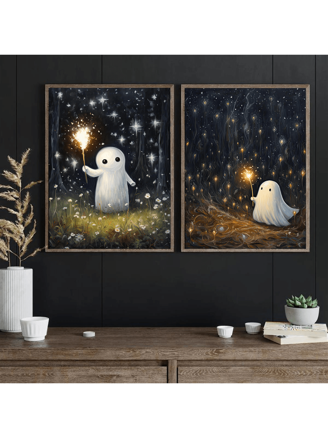 Add a touch of vintage charm to your Halloween decor with this "Charming Ghosts with Fireworks" wall art. Featuring whimsical ghost figures illuminated by festive fireworks, this piece blends nostalgic style with spooky ambiance. Perfect for creating an inviting yet eerie atmosphere, it enhances any room with classic Halloween spirit and artistic flair. Crafted to complement both traditional and modern interiors, this artwork is an expert choice for elevating your seasonal decorations.