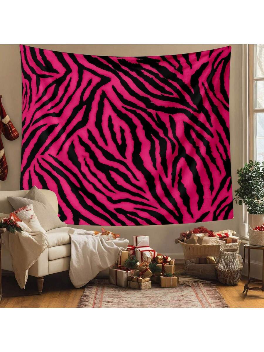 Pink zebra print tapestry with bold black abstract stripes