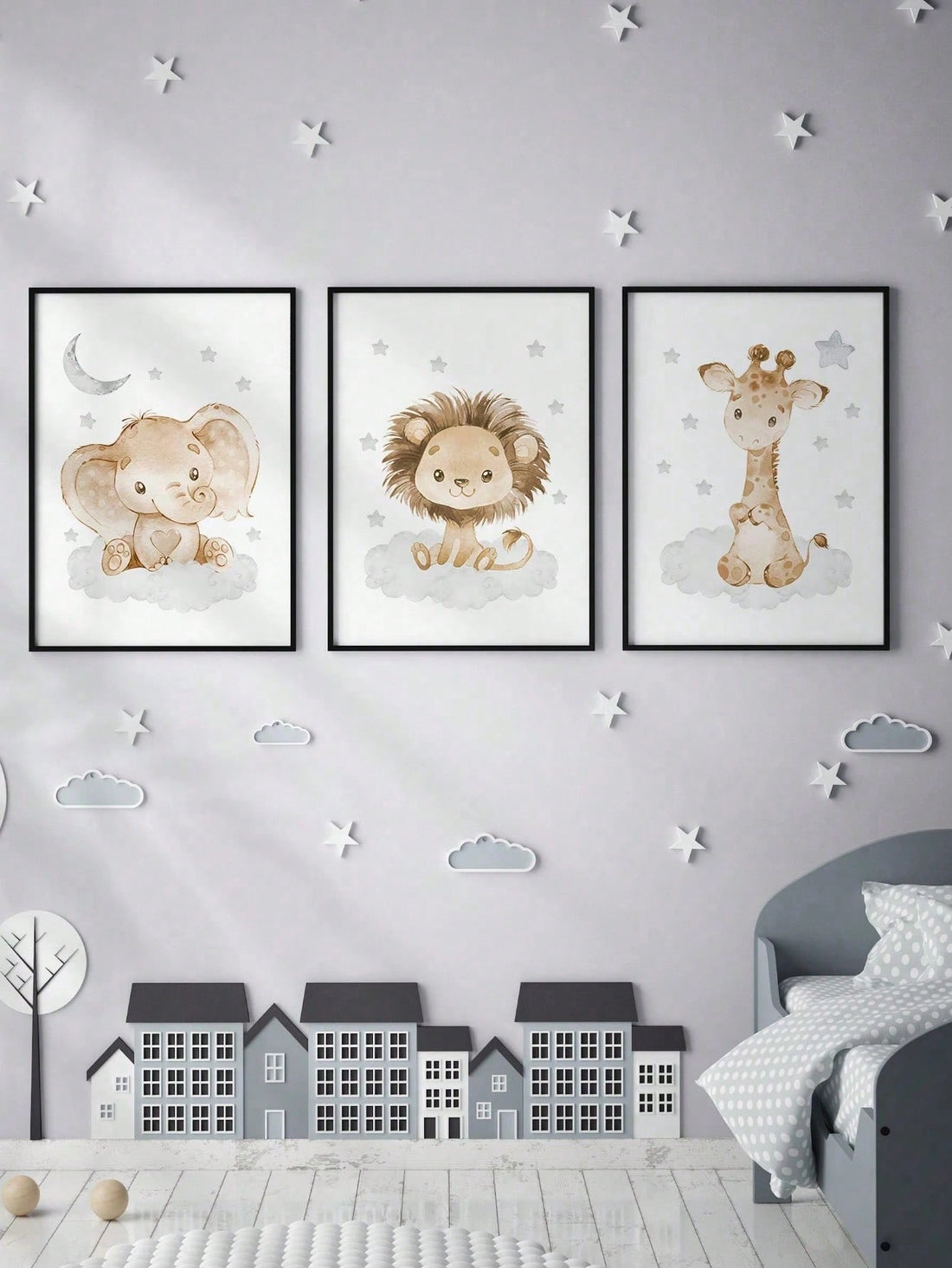 Enhance your nursery or child's room with this expertly crafted 3-piece canvas poster set featuring charming illustrations of a lion, giraffe, and elephant. Each piece is designed to stimulate imagination and create a warm, inviting atmosphere. Printed on high-quality canvas, these durable artworks offer vibrant colors and lasting appeal, making them an ideal choice for early childhood environments. Easy to hang and coordinate, this set brings both educational and decorative value to your space.